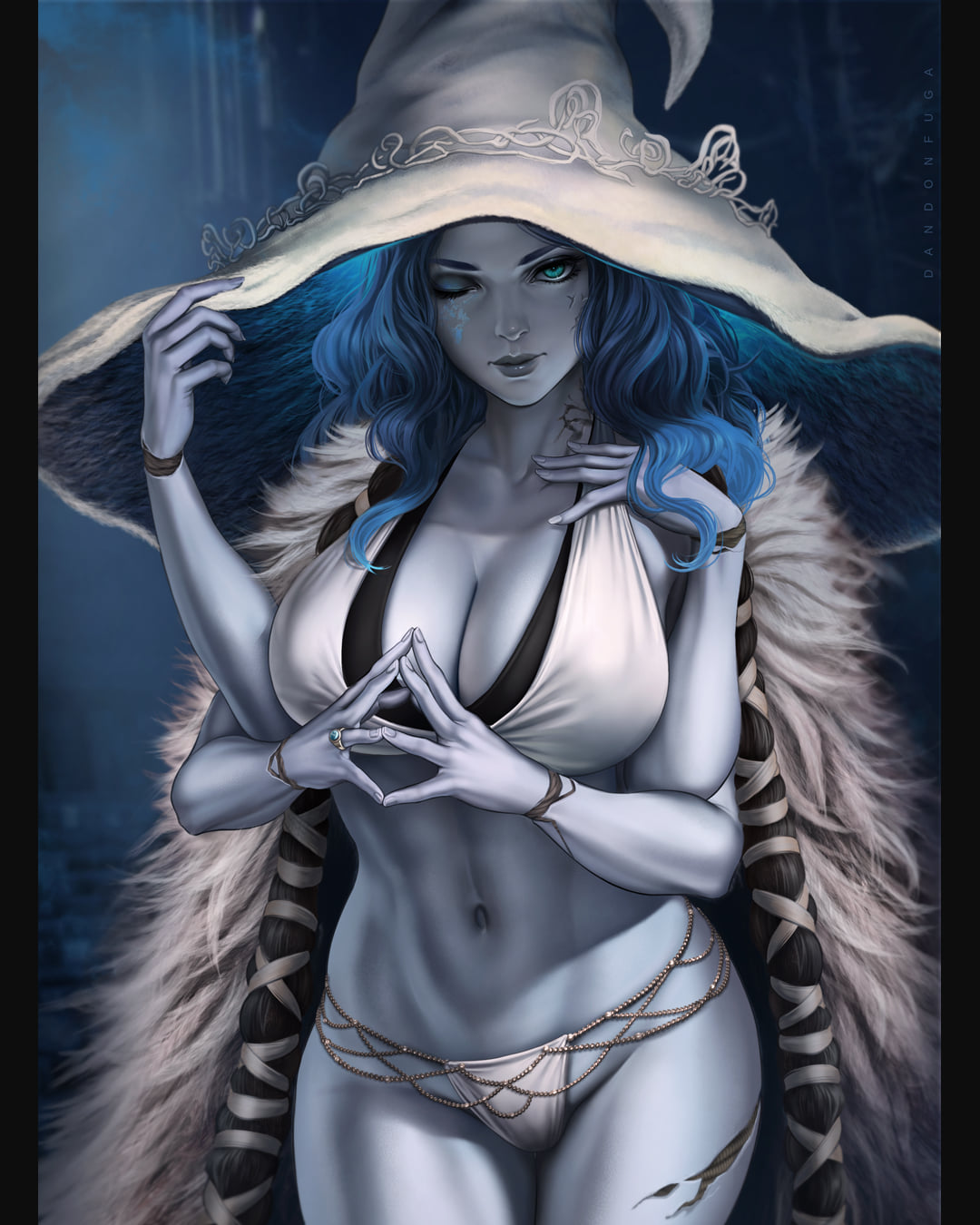 1girls, 2022, 2d, big breasts, breasts, cleavage, dandon fuga, deathbed smalls, elden ring, female, female only, fromsoftware, ranni the witch, solo, thighs