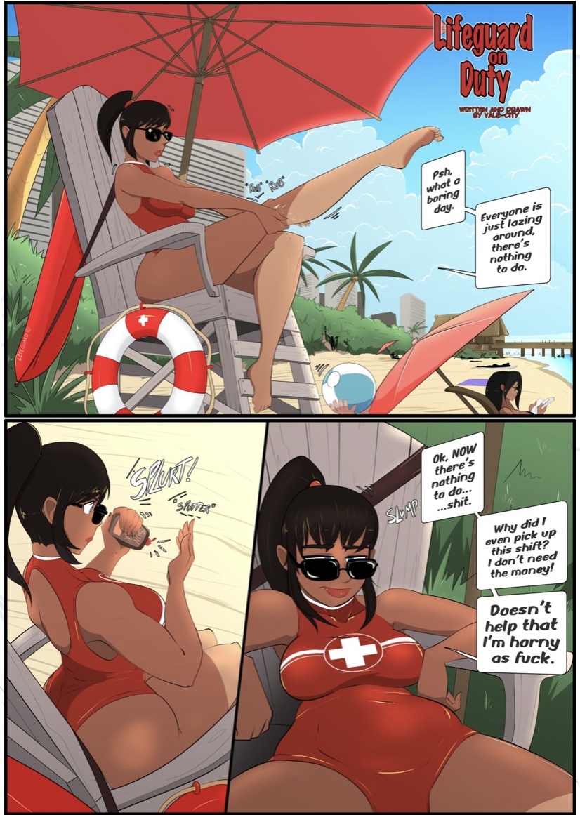 beach, clothed, clothed female, comic, dark skin, dark-skinned female, dialogue, english, english text, female, female only, laura (vale-city), lifeguard, non-nude, one-piece swimsuit, solo, sunglasses, swimsuit, tagme, vale-city, voluptuous