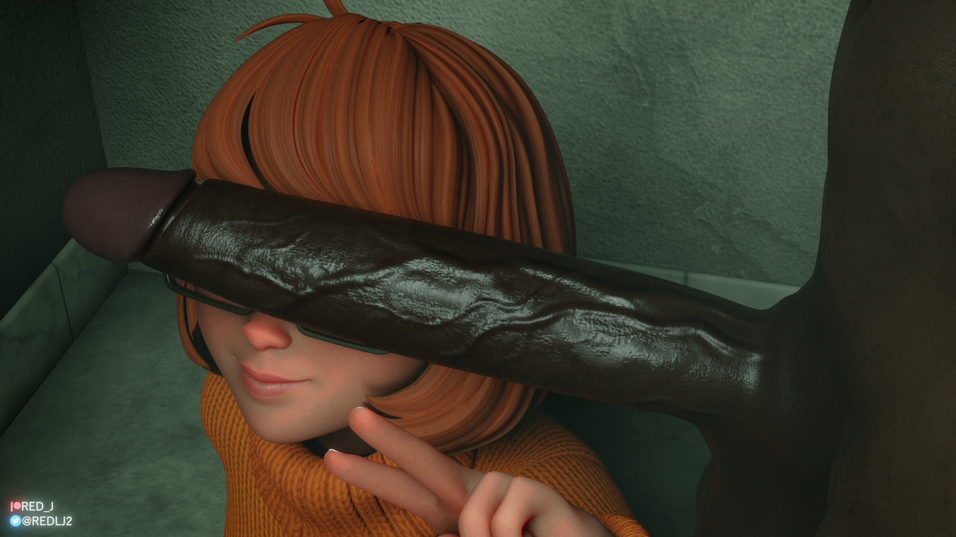 1boy, 1girls, 3d, big penis, blender, dark skin, dark-skinned male, female, glasses, hanna-barbera, highres, huge cock, hyper penis, interracial, large penis, male, penis, penis on face, penis over eyes, red lj, scooby-doo, self upload, sweater, unseen male face, v, velma dinkley