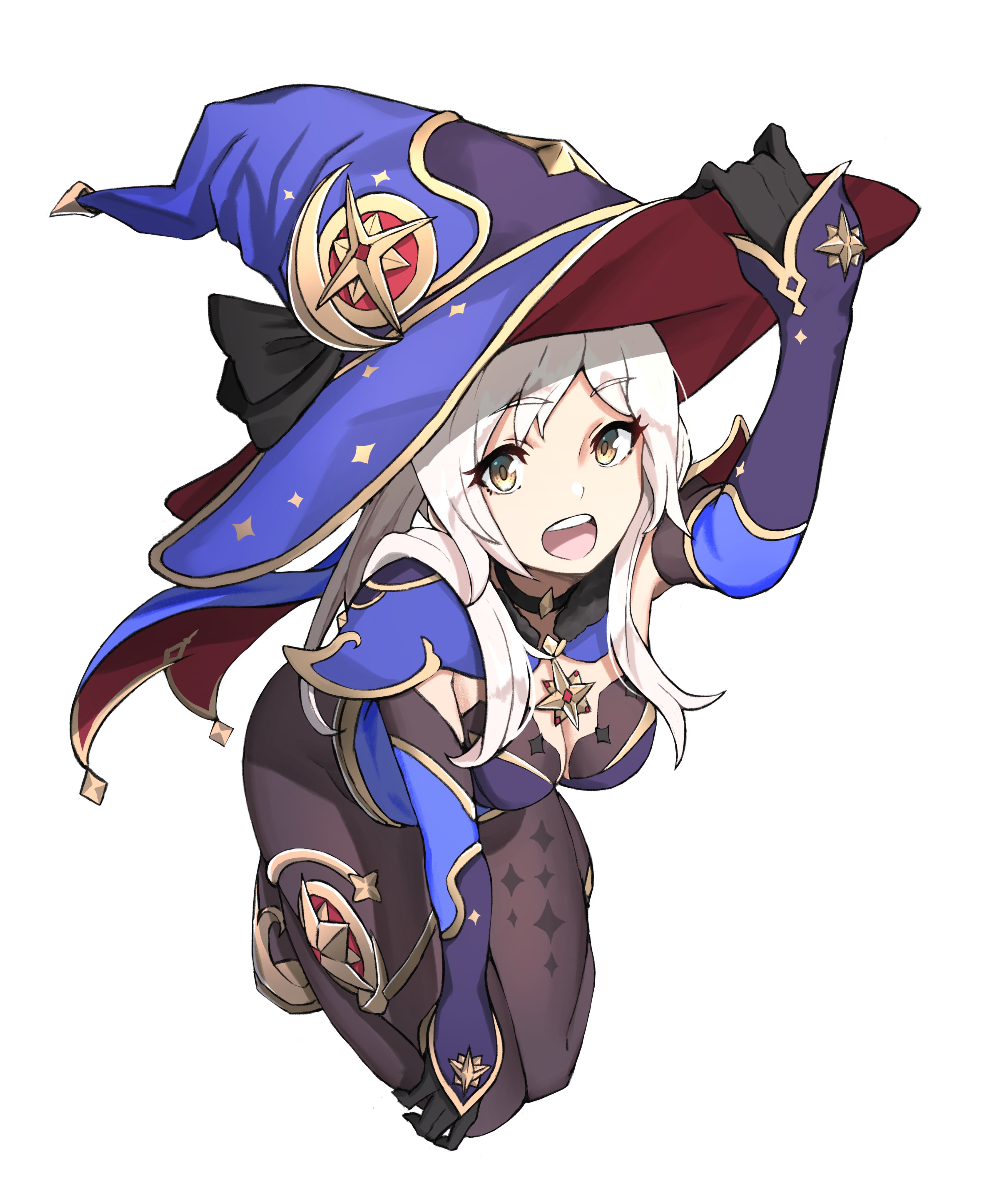 1girls, absurdres, bangs, black gloves, black legwear, bodystocking, breasts, cleavage, cosplay, crossover cosplay, female, female only, fire emblem, fire emblem awakening, genshin impact, gloves, grimmelsdathird, hat, highres, leotard, light skin, light-skinned female, long hair, looking at viewer, medium breasts, mona (genshin impact), mona (genshin impact) (cosplay), nintendo, open mouth, pantyhose, robin (fire emblem), robin (fire emblem) (female), simple background, smile, solo, solo female, twintails, white hair, witch hat
