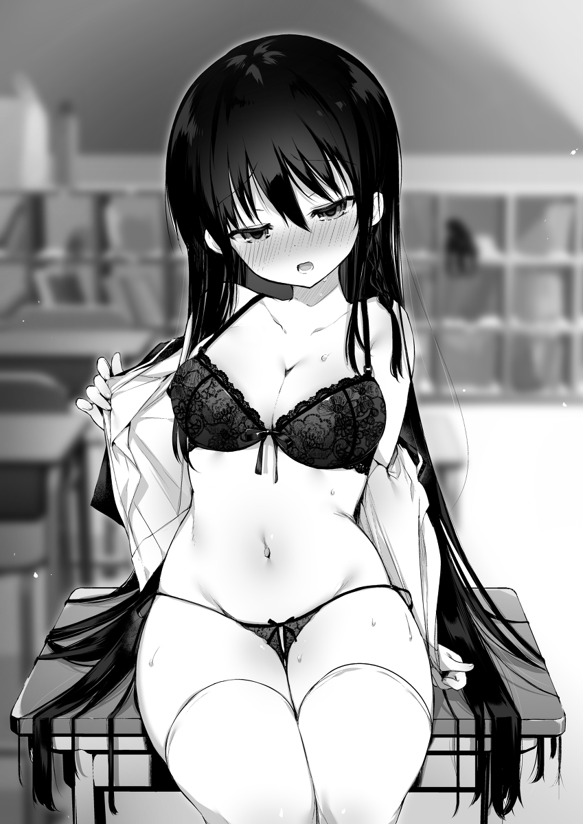 big_breasts blush bra classroom kurimochi_chizuru kurimoti_tiduru lingerie monochrome original original_character panties stripping thighhighs undressing