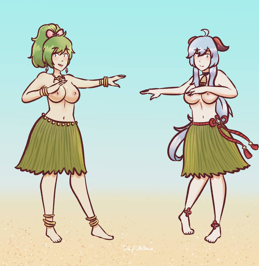 2girls ankle_rings artist_signature beach bell_collar blue_hair blue_sky breasts dancing earrings fire_emblem fire_emblem:_genealogy_of_the_holy_war flower_anklet ganyu_(genshin_impact) genshin_impact grass_skirt green_eyes green_hair horns hula hula_dancer hula_skirt inkyfluffdraws lene_(fire_emblem) long_hair multiple_girls necklace nintendo pink_bow ponytail purple_eyes topless wrist_rings