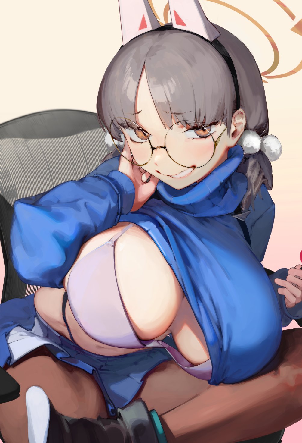 animal ears, blue archive, blue sweater, bra, breasts, eyebrows visible through hair, fake animal ears, female, glasses, grey hair, hair ornament, hairband, halo, highleg, highleg panties, highres, huge breasts, large breasts, long hair, low twintails, moe (blue archive), naughty face, panties, pantyhose, pom pom (clothes), pom pom hair ornament, rabbit squad (blue archive), round eyewear, srt special academy student, sweater, sweater lift, turtleneck, turtleneck sweater, twintails, underwear, waterswing, white bra, yellow eyes