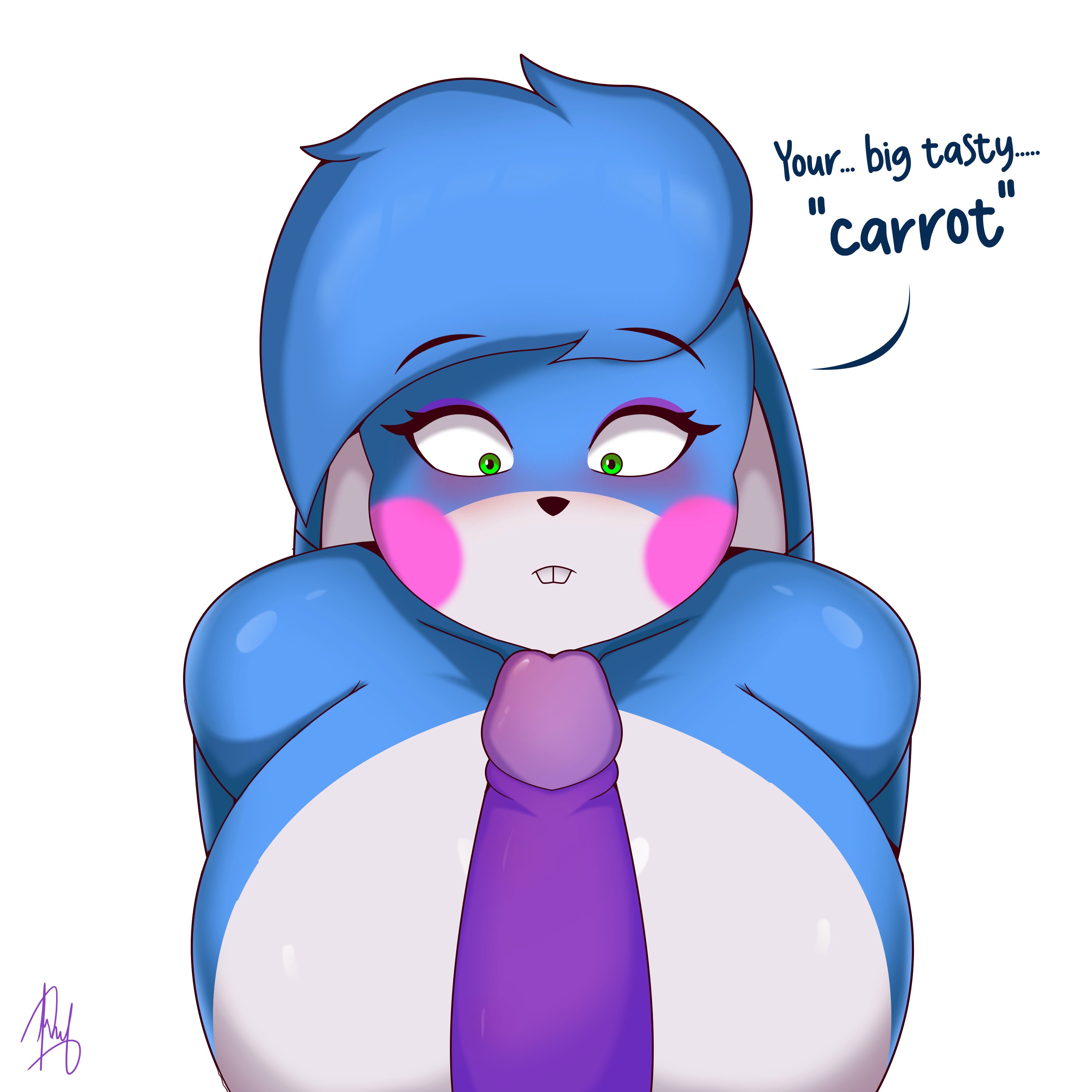 bonnie (fnaf), breasts, bunny ears, female, five nights at freddy's, five nights at freddy's 2, green eyes, male, penis, penis awe, straight, toy bonnie (fnaf), white background