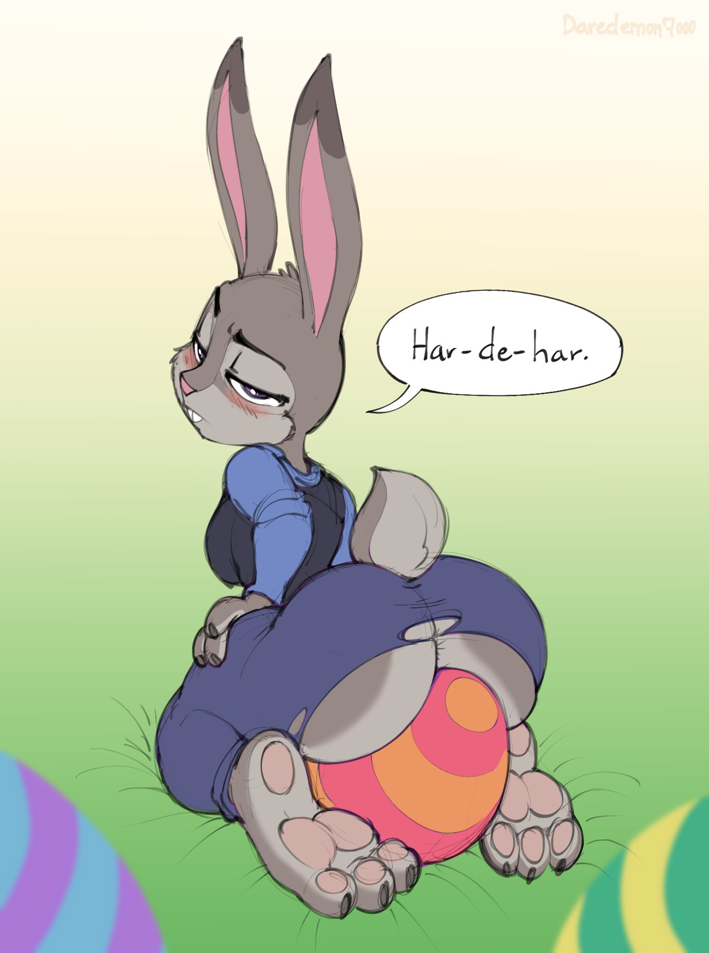 1girls, anus peek, ass, ass focus, big ass, big breasts, blush, breasts, bubble ass, bubble butt, bunny, clothing, daredemon7000, easter, easter egg, egg, female, female only, fur, furry, grey fur, hi res, judy hopps, looking back, pawpads, paws, purple eyes, rabbit, rabbit ears, rabbit tail, rear view, solo, tagme, torn clothes, torn legwear, zootopia