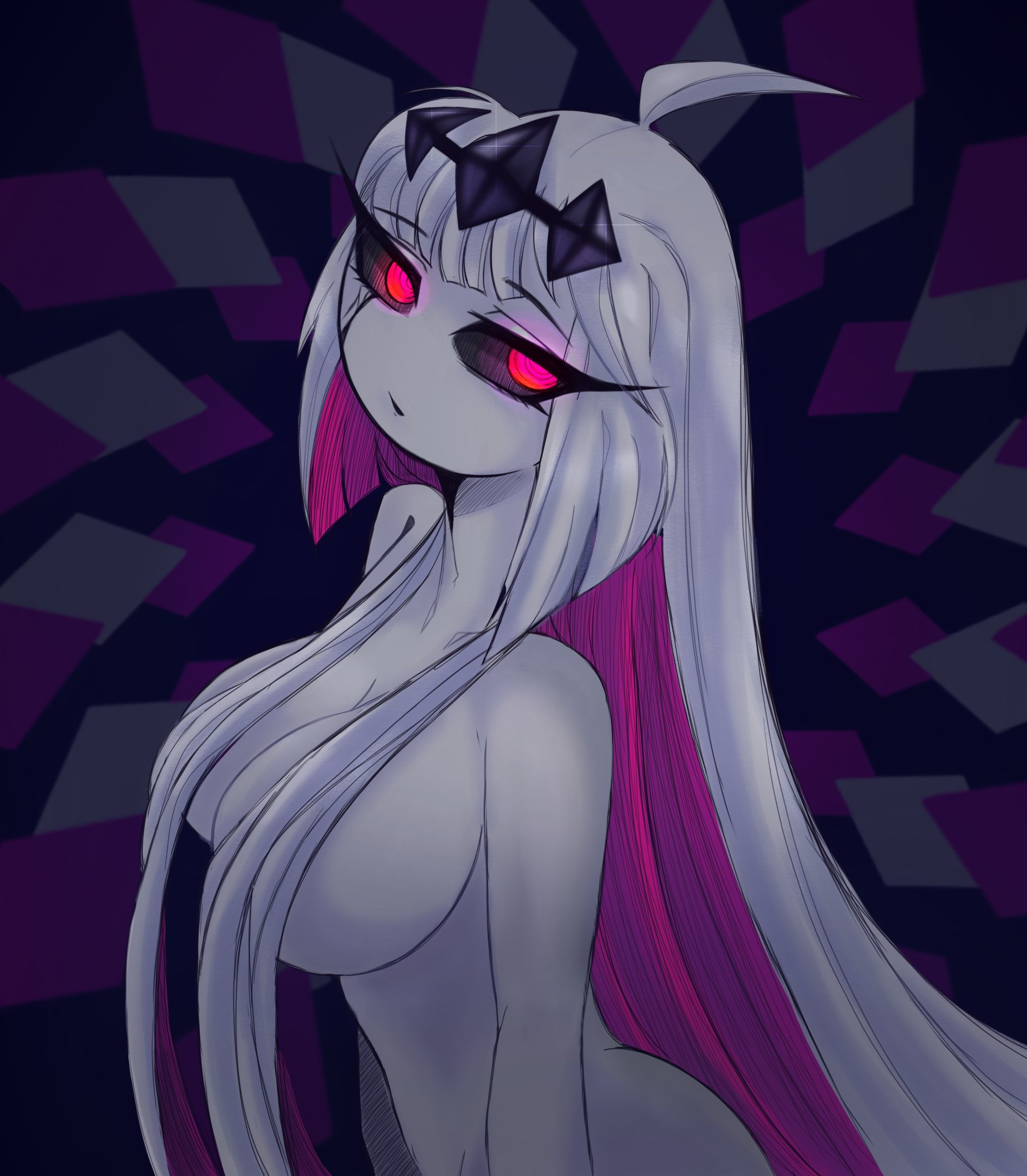 1girls, ass, big ass, big breasts, black sclera, breasts, completely nude, female, female focus, female only, fnf, fnf entity, fnf mod, fnf mods, friday night funkin, friday night funkin mod, friday night funkin: entity, glowing, glowing eyes, hair over breasts, inner hair, newgrounds, nikusa (sugarratio), nude, nude cover, nude female, pink eyes, pink inner hair, pink-eyed female, side view, solo, solo female, solo focus, thick thighs, thighs, two-tone hair, white body, white hair, white skin, white-haired female, white-skinned female, zoak