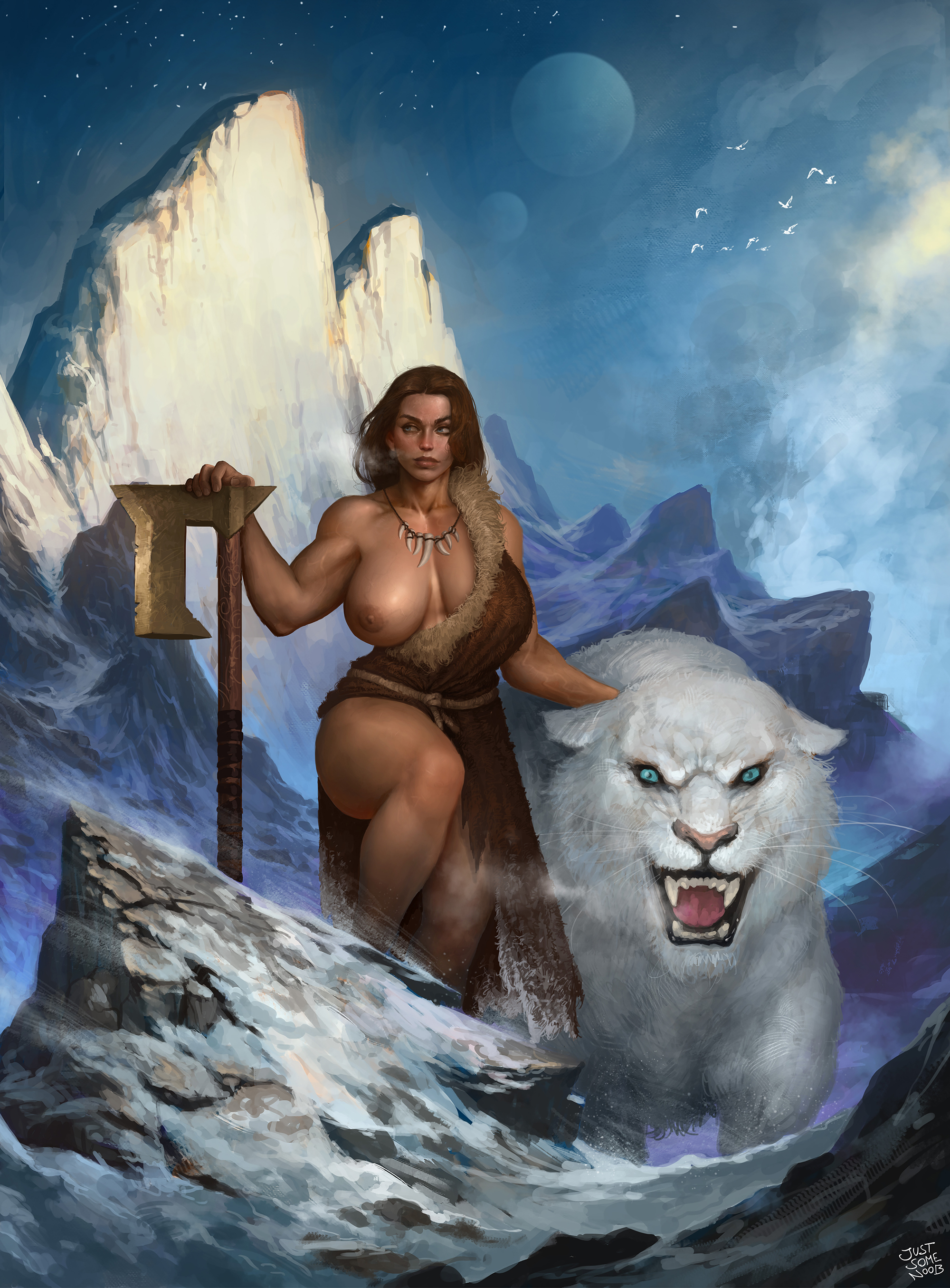 1girls, areolae, artist name, axe, barbarian, breasts, brown hair, cleavage, detailed background, fantasy, female, female only, high resolution, huge breasts, justsomenoob, large breasts, mountain, muscular, muscular female, nipples, one breast out, snow, solo, solo female, viking