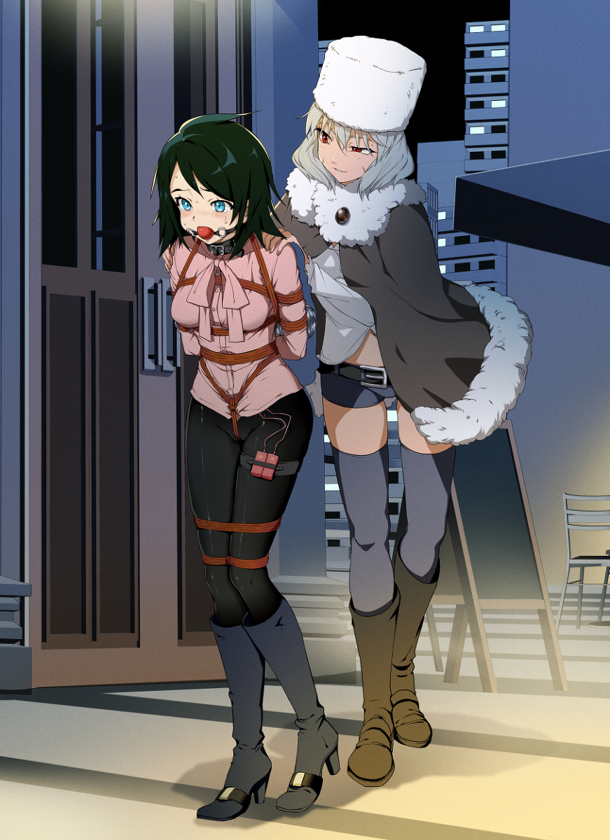 black hair, bondage, breasts, collar, eudetenis, female, gag, medium breasts, original, original character, public, public humiliation, rope, vibrator, white hair