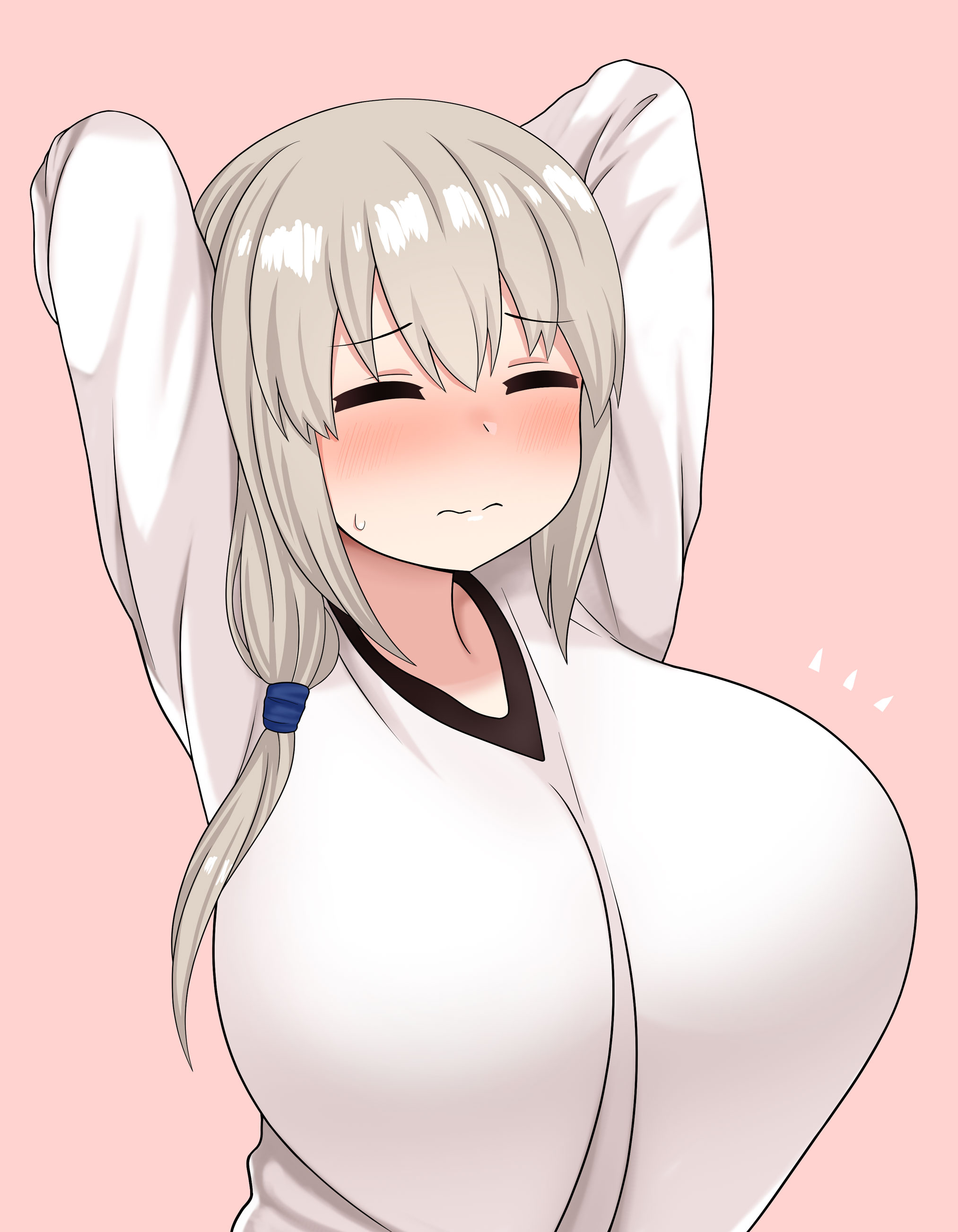 1girls, alternate version available, big breasts, blush, breasts, closed eyes, female, female only, grey hair, hair, hands behind head, huge breasts, mature, mature female, milf, mother, motion lines, shirt, solo, solo female, the only shoe, topwear, uzaki tsuki, uzaki-chan wa asobitai!, white shirt