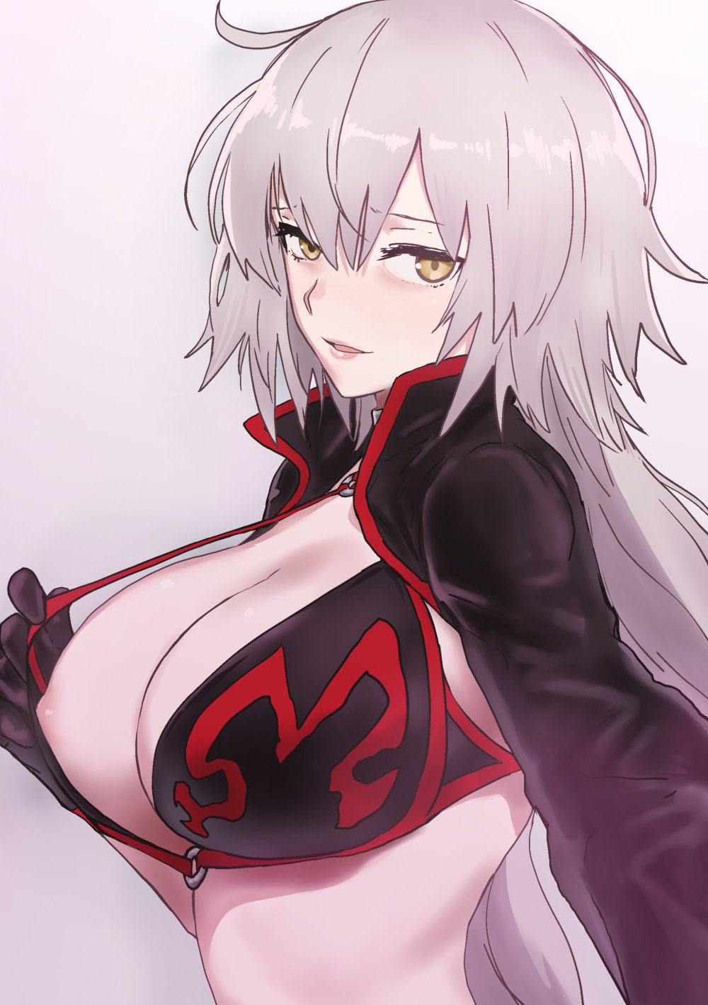 ahoge areola_slip areolae bikini bikini_pull bikini_top black_bikini black_bikini_top black_jacket black_swimsuit breast_slip breasts choker clavicle cleavage clothes_pull clothing eyebrows_visible_through_hair fate/grand_order fate_(series) female female_only female_solo high_resolution jacket jeanne_alter jeanne_d'arc_(alter)_(swimsuit_berserker) jeanne_d'arc_(fate) large_breasts long_hair nekoi_mie o-ring shrug_(clothing) solo swimsuit swimsuit_pull wardrobe_malfunction yellow_eyes