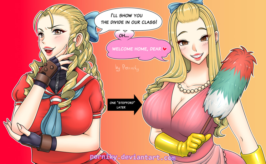 1girls attitude_adjustment before_and_after big_breasts blonde_female blonde_hair brainwashing capcom cleaning cleavage collar color dress empty_eyes femsub gloves hypnosis karin_kanzuki long_hair looking_at_viewer mind_control personality_change porniky smile stepford_wife stepfordization street_fighter text transformation uniform wife