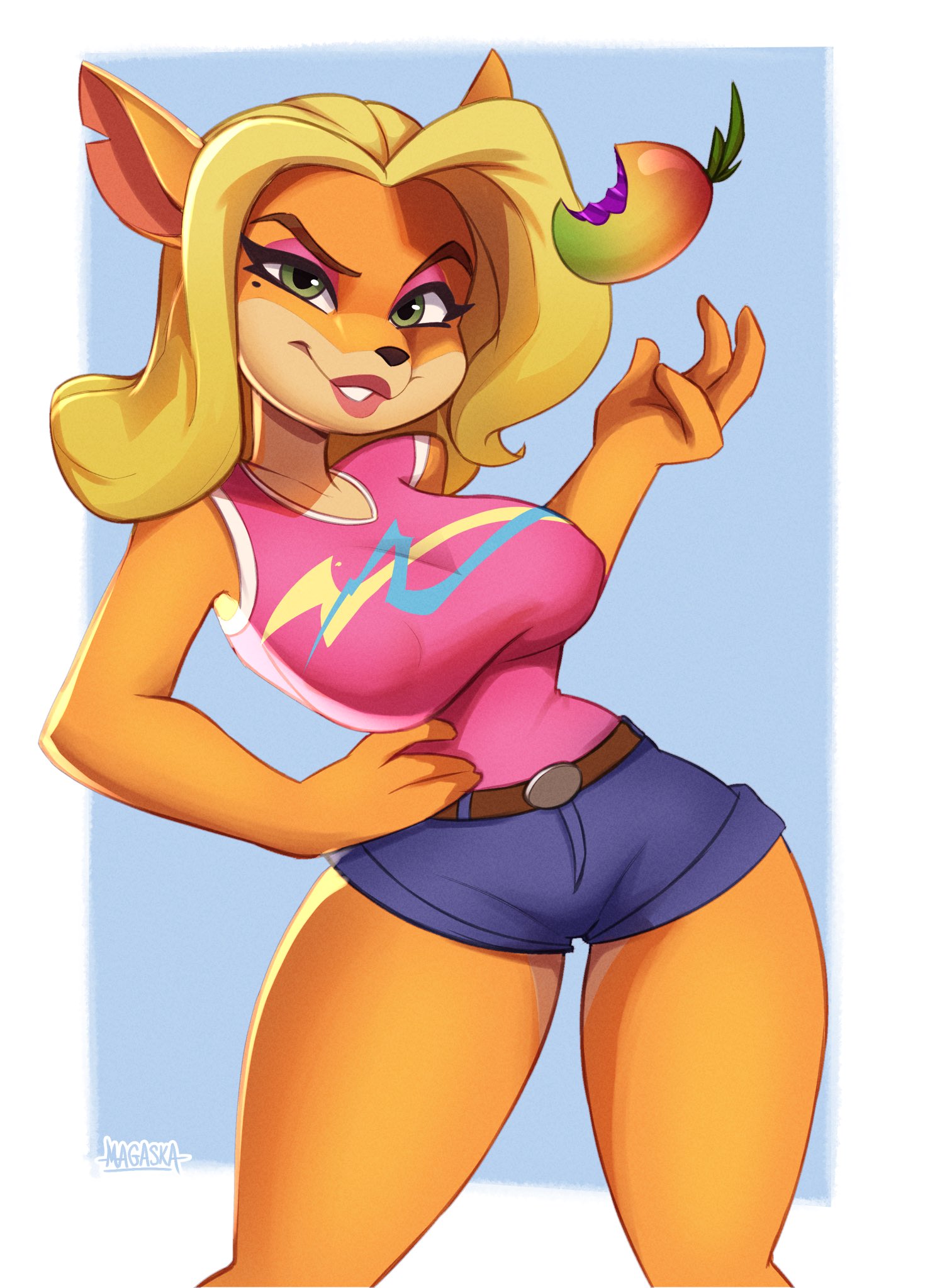 2d, 2d (artwork), big breasts, breasts, crash (series), female, female only, furry, jean shorts, magaska19, nipple bulge, nipples, tawna bandicoot, thick thighs, wumpa fruit