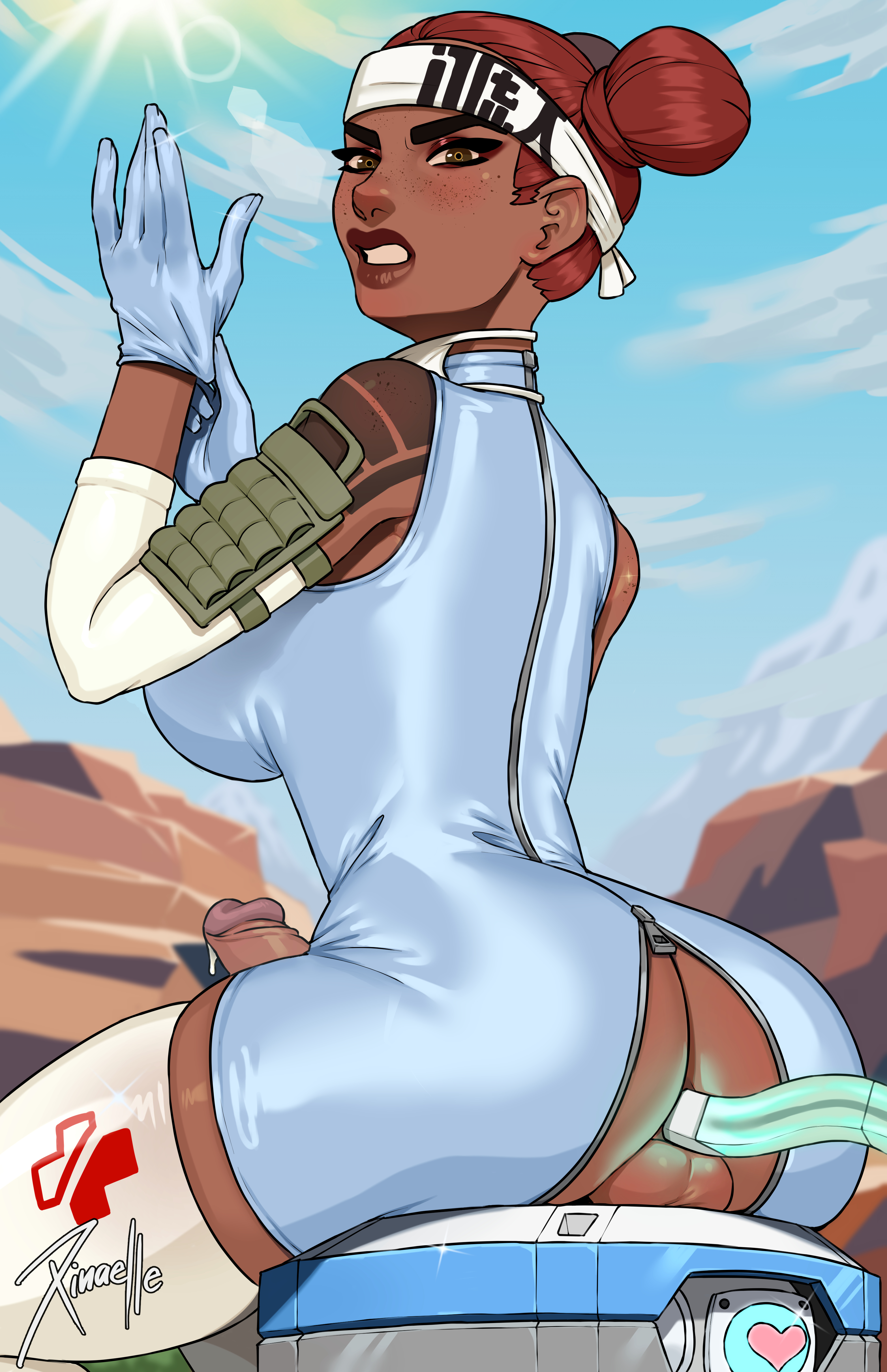 1futa, apex legends, ass, erect while penetrated, futanari, intersex, lifeline (apex legends), penis, precum, sitting, xinaelle