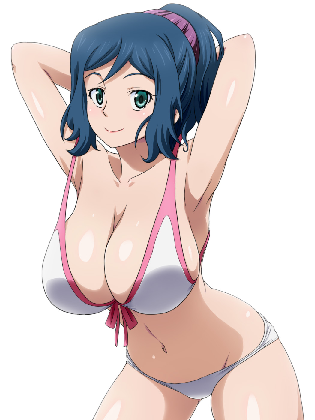 big_boobs big_breast big_breasts bikini blue_eyes blue_hair gundam gundam_build_fighters iori_rinko large_breast large_breasts looking_at_viewer milf pony_tail ponytail smile smiling staring_at_viewer swimsuit swimwear white_background white_bikini white_swimsuit white_swimwear