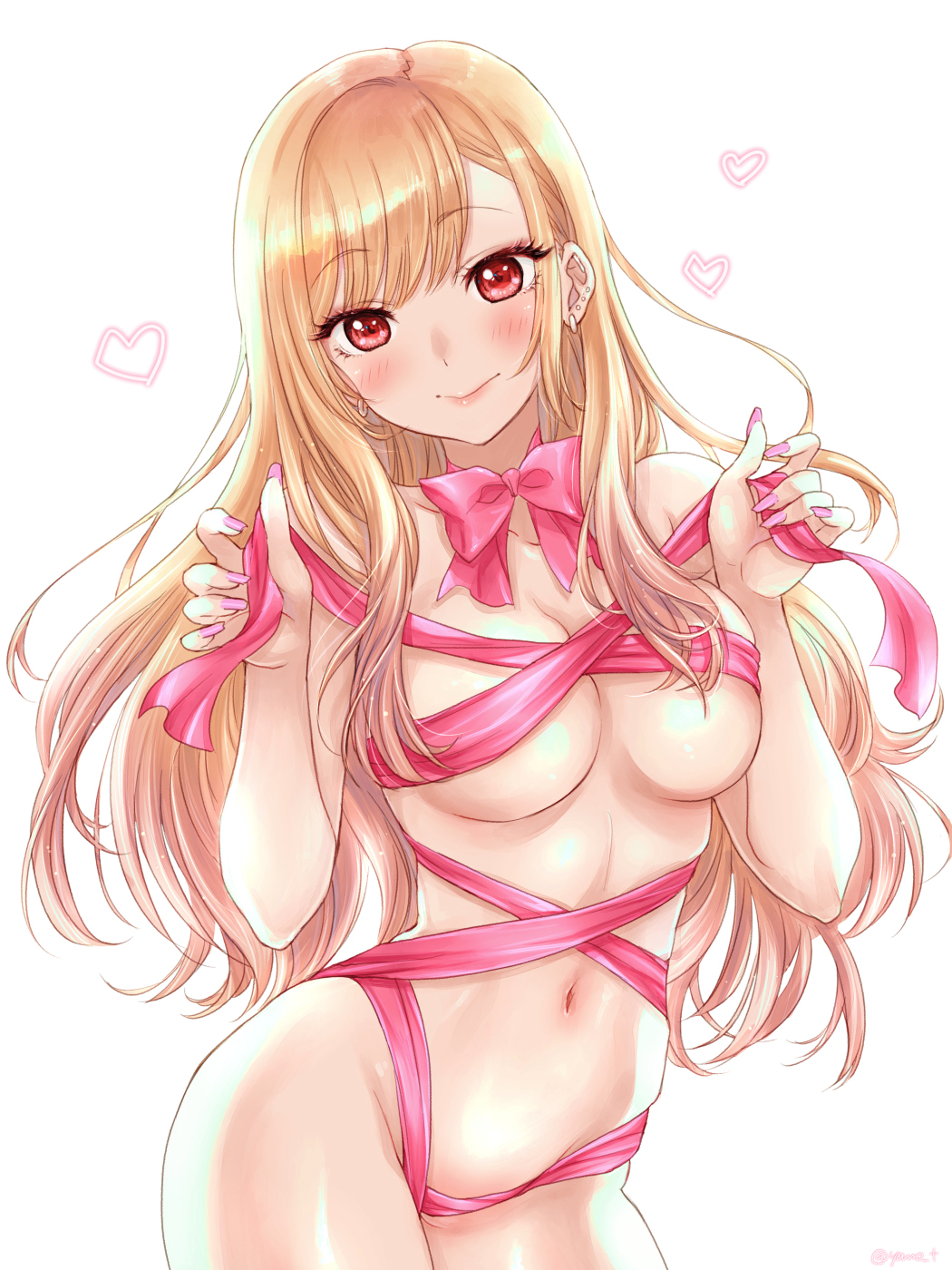 blonde hair, blush, bow, bowtie, breasts, female, female only, gyaru, heart, kitagawa marin, long fingernails, looking at viewer, ribbon, solo, sono bisque doll wa koi wo suru, takumi yano, underboob