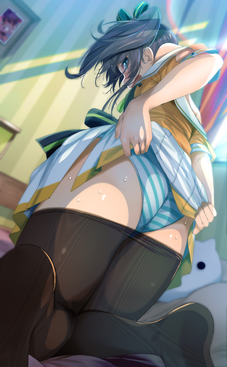 1girls, bad id, blue eyes, brown hair, clothed, clothed female, female, female focus, female only, fumihiko (pixiv2658856), hololive, hololive gen 1, hololive japan, kneeling, natsuiro matsuri, panties, pantyhose, pantyhose down, pantyhose pull, skirt, skirt lift, striped panties, sweat, virtual youtuber