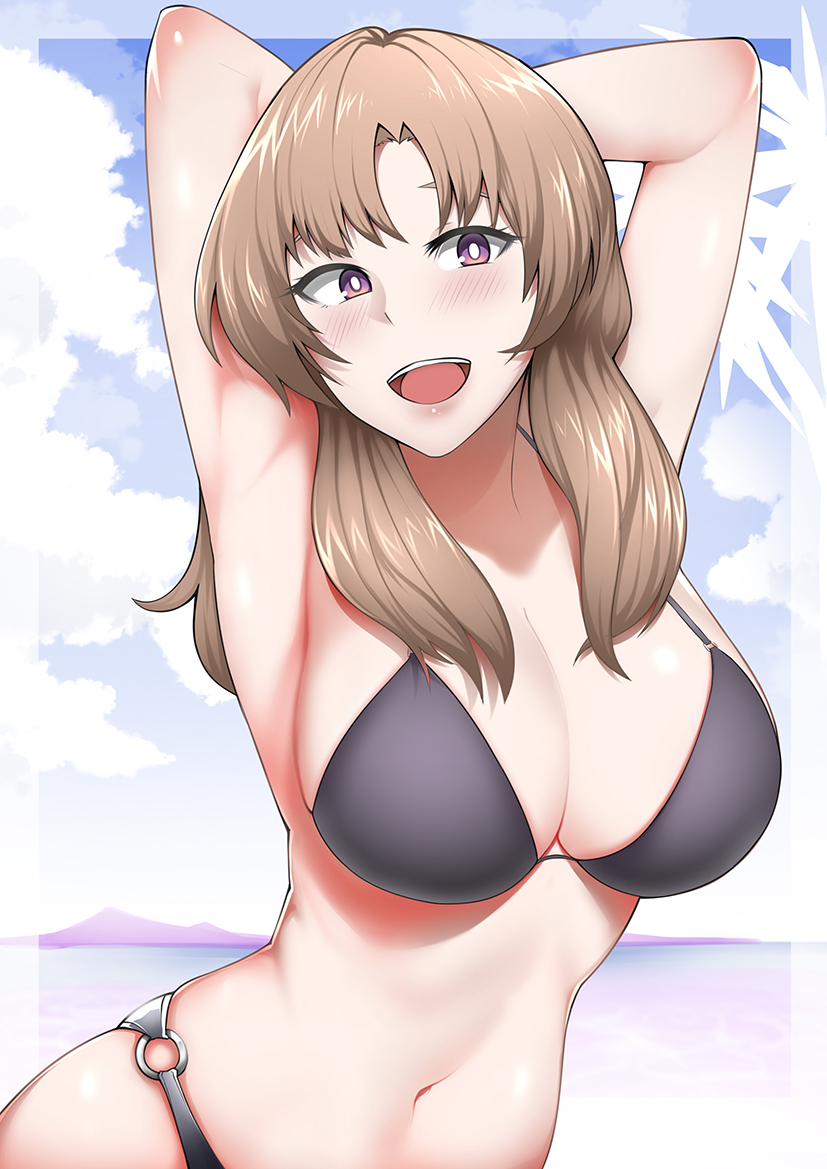 bikini black_bikini black_swimsuit black_swimwear blush blushing brown_hair female_only limelam06 long_brown_hair long_hair mature_female mature_woman milf mouth_open oosuki_mamako open_mouth purple_eyes smile smiling solo swimsuit swimwear tsuujou_kougeki_ga_zentai_kougeki_de_ni-kai_kougeki_no_okaasan_wa_suki_desu_ka?