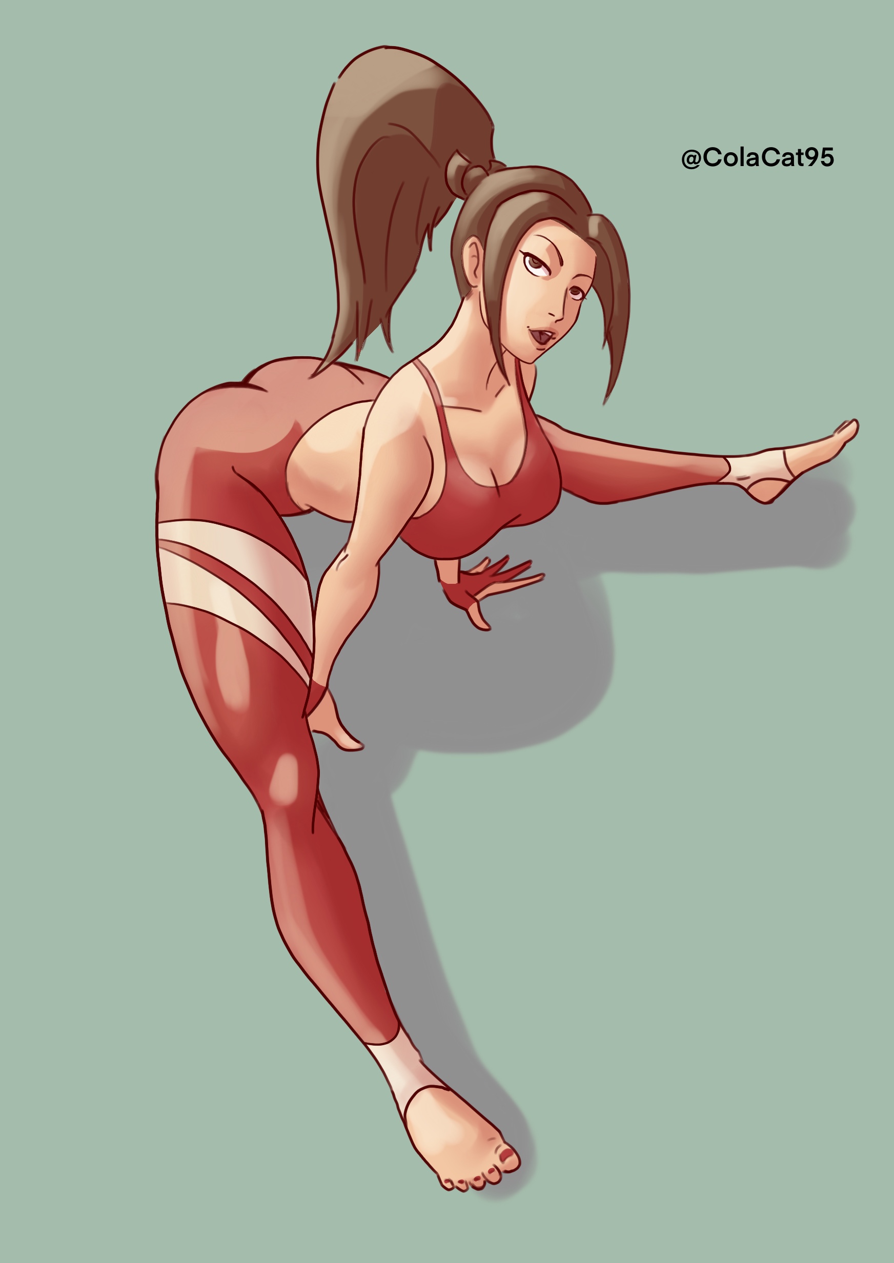 ass, big ass, big breasts, big butt, breasts, brown hair, cleavage, colacat95, fatal fury, feet, female, king of fighters, leggings, looking at viewer, mai shiranui, sports bra, spread legs, stretching, toeless legwear, toenail polish