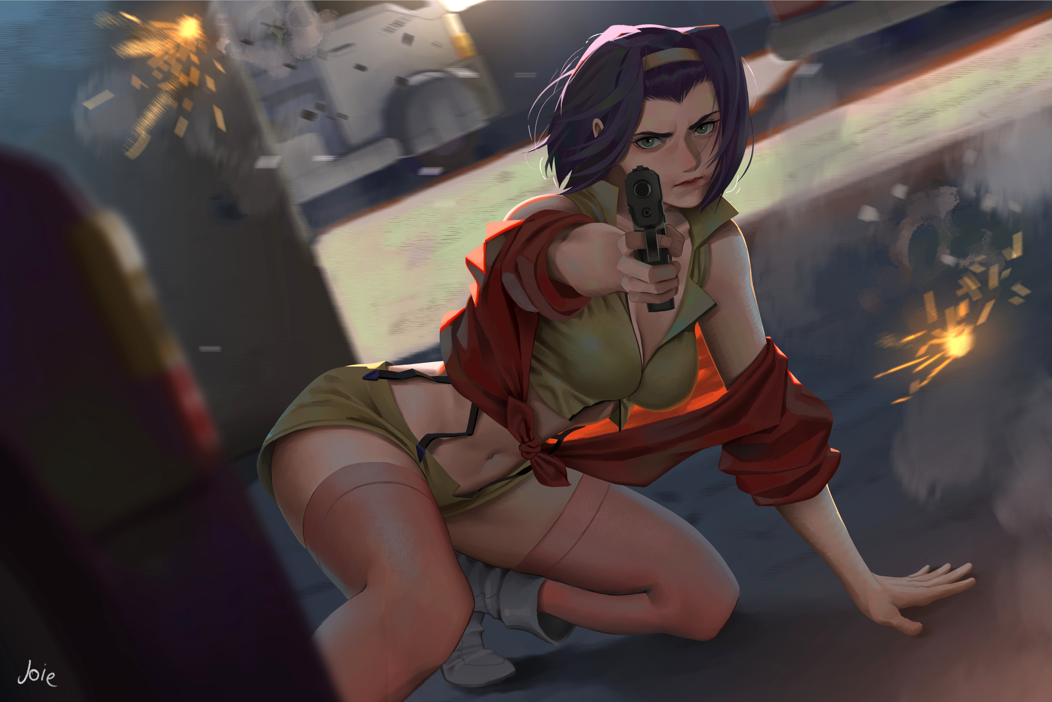1girls, 2d, cleavage, cowboy bebop, faye valentine, female, female only, gun, joie, light skin, light-skinned female, shorts, stockings, tight clothing