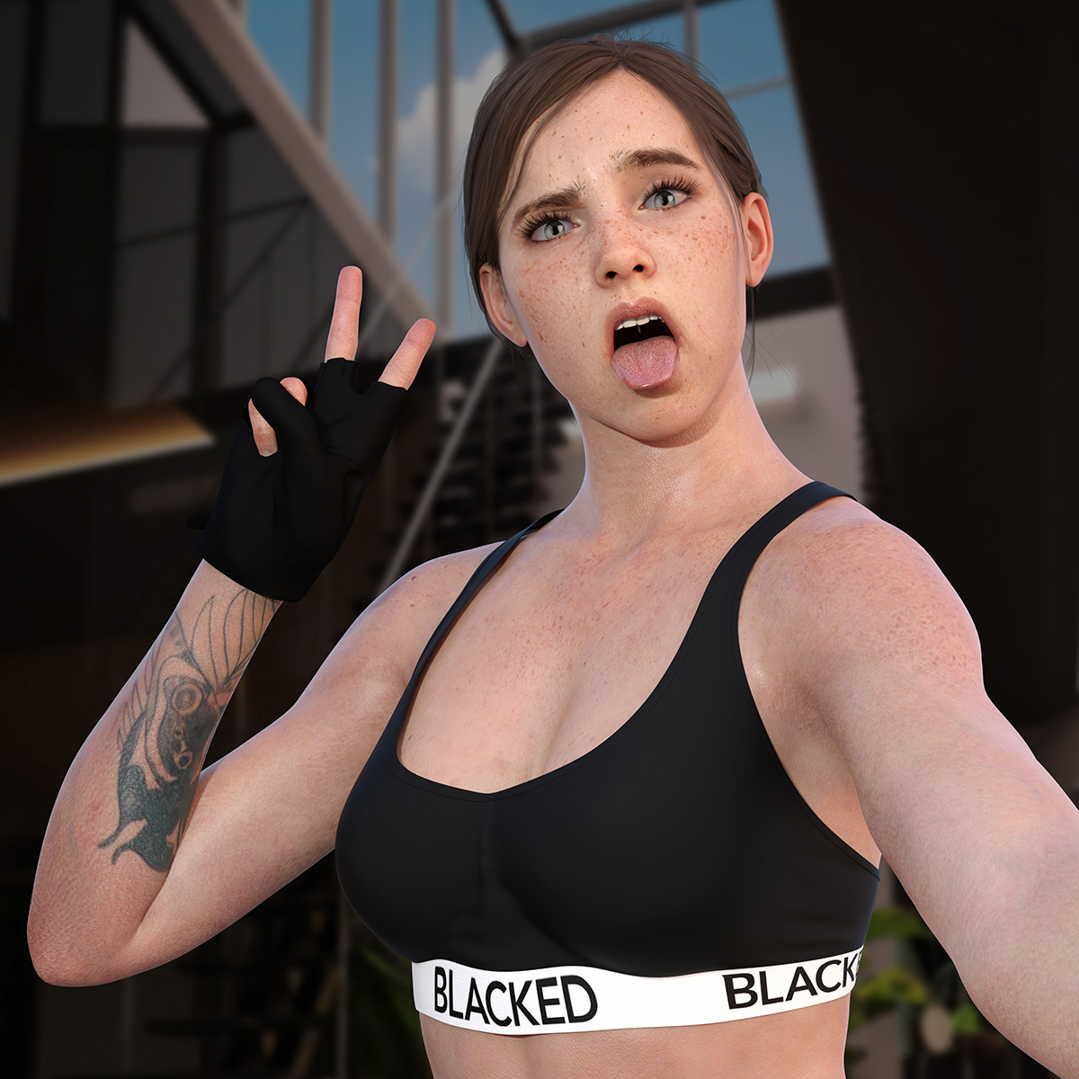 1girls, 3d, 3d (artwork), ahe gao, blacked, blacked clothing, ellie (the last of us), ellie williams, female, female only, human, human only, light skin, light-skinned female, naughty dog, nordfantasy, pale skin, panties, peace sign, solo, sportswear, the last of us, the last of us 2, thong, tongue, tongue out, underwear, wristwear