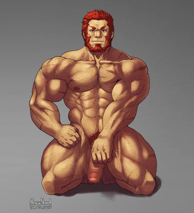 balls bara beard facial_hair fate/zero fate_(series) flaccid gay hairy iskandar_(fate) male male_only muscles muscular nhawnuad nude on_knees penis red_hair rider solo solo_male