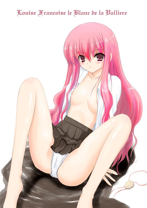 barefoot blush breast_slip breasts clothing feet female legs long_hair long_legs louise_francoise_le_blanc_de_la_valliere medium_breasts nipple_slip nipples niwatori_kokezou open_clothes open_shirt panchira panchira_(sitting) pantsu pink_hair shirt sitting skirt small_breasts solo spread_legs underwear white_panties white_underwear zero_no_tsukaima