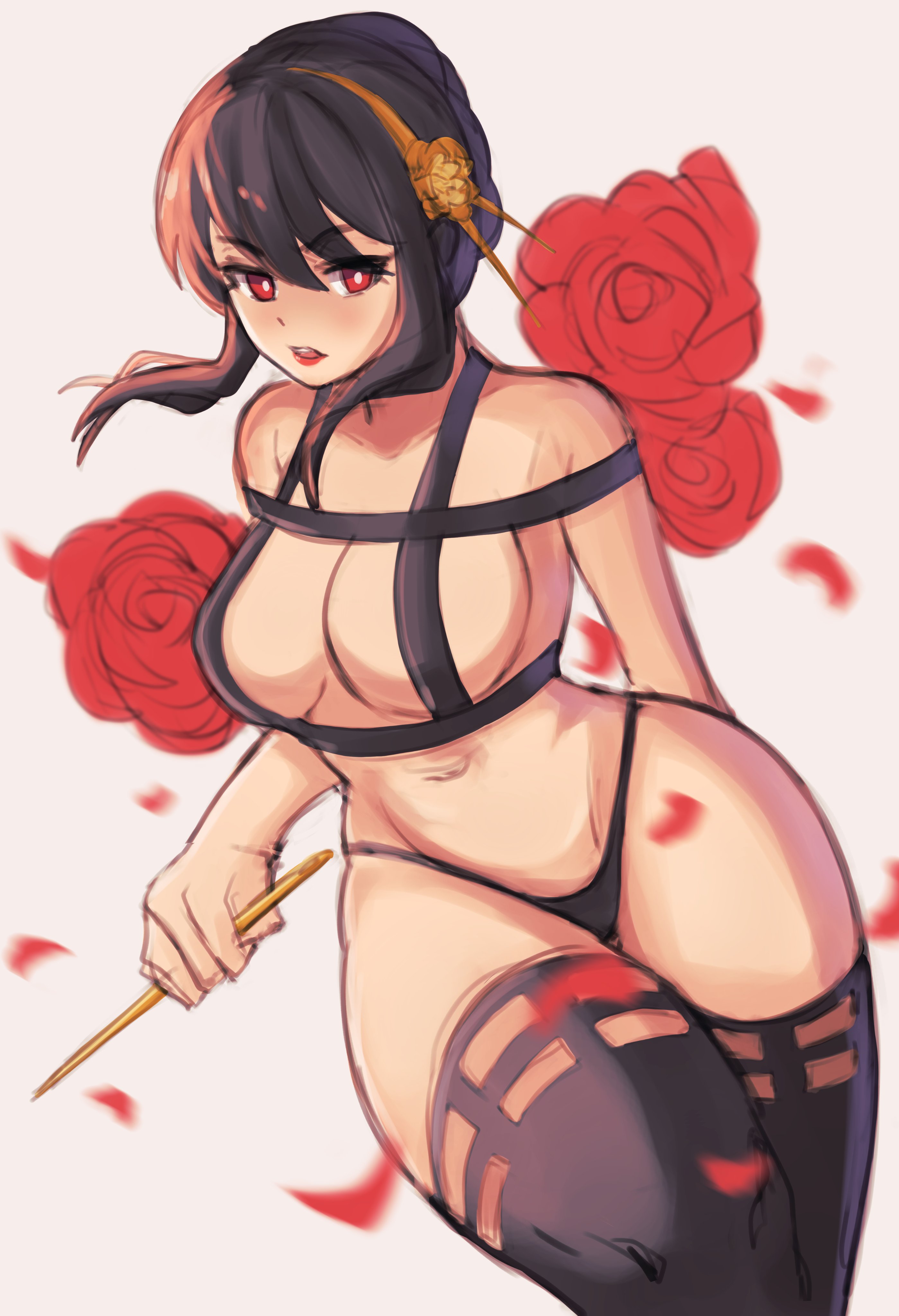 1girls, 2022, absurd res, assassin, big breasts, black hair, black thighhighs, breasts, female, female human, female only, hair ornament, human, large breasts, looking at viewer, mature female, nyapii, partially clothed, red eyes, red lipstick, rose (flower), slim waist, solo, solo female, spy x family, stiletto (weapon), straps, thick thighs, thighhighs, thorn princess, wide hips, yor briar, yor forger