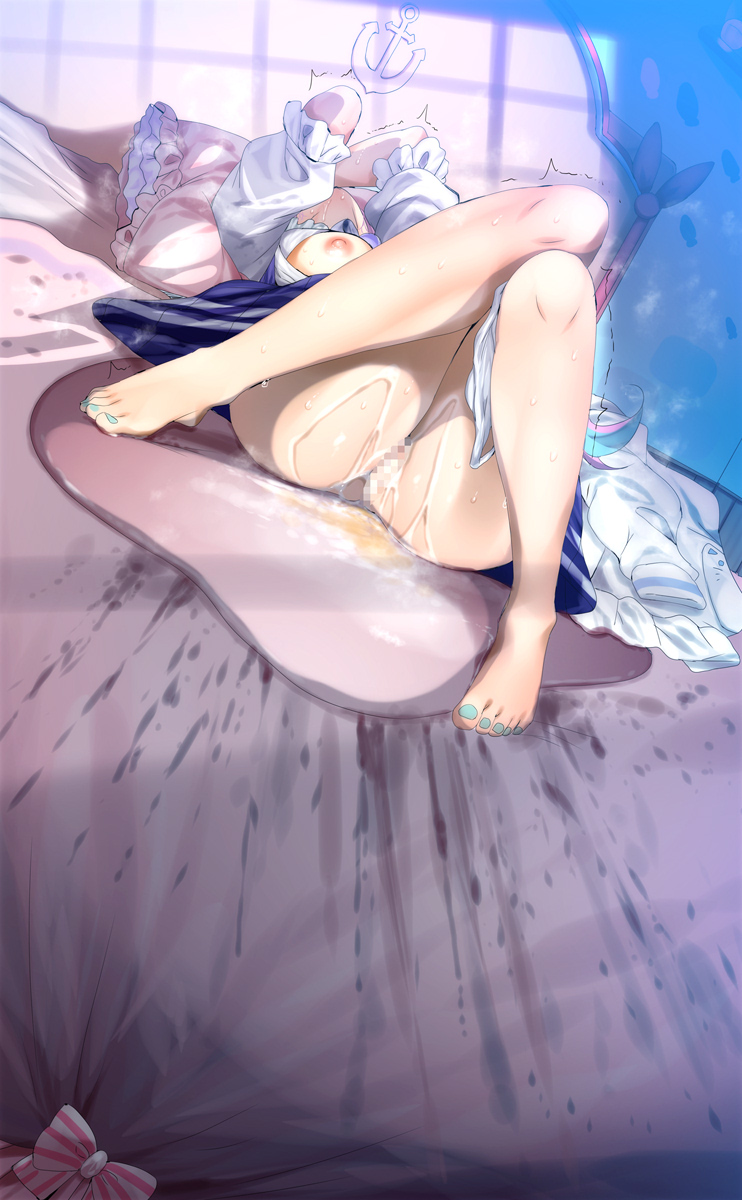 1girls, after sex, aftermath, bad id, censored, clothed, clothed female, clothed sex, cum, cum in pussy, cum inside, cum pool, cum puddle, female, female only, fucked senseless, fully clothed, fumihiko (pixiv2658856), hololive, hololive gen 2, hololive japan, minato aqua, mosaic censoring, on bed, passed out, pussy, sleeping, solo, sweat, tagme, trembling, unconscious, virtual youtuber