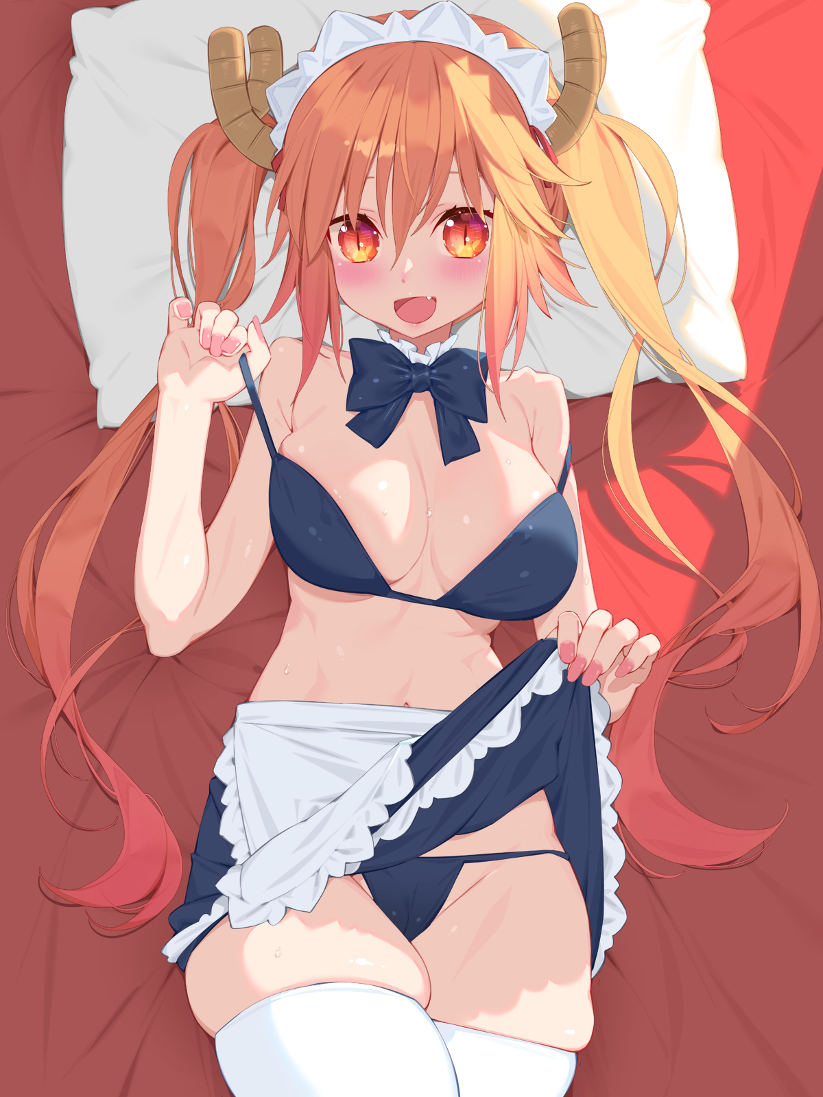 1girls, 2d, apron, big breasts, breasts, eye contact, female, female focus, female only, horns, legwear, light skin, light-skinned female, looking at viewer, maid, maid headdress, maid uniform, miss kobayashi's dragon maid, orange eyes, pale skin, pale-skinned female, solo, thick thighs, thigh gap, thighhighs, thighs, tohru (dragon maid), twintails, two-tone hair, waterring