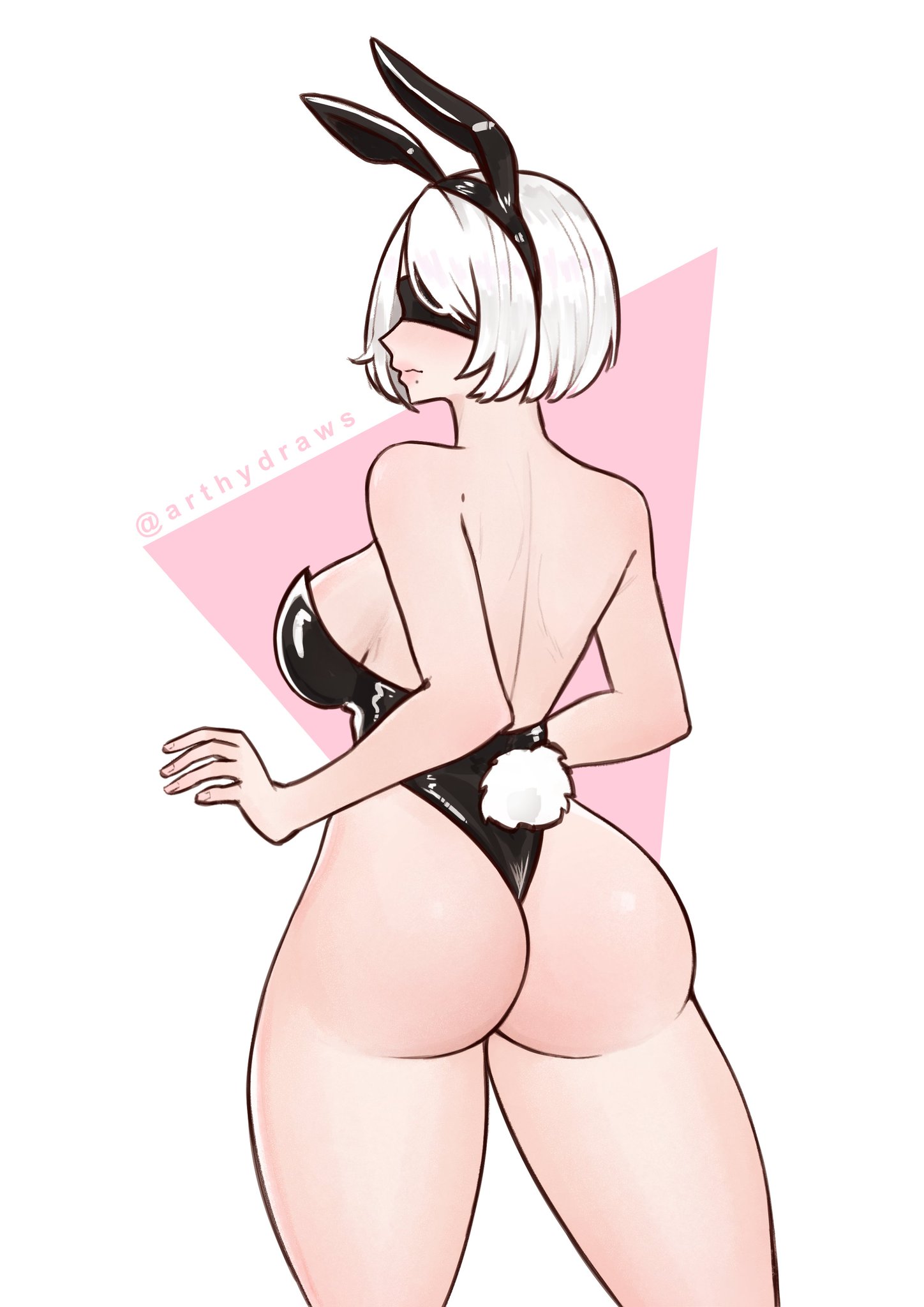 arthydraws, ass, big ass, black blindfold, blindfold, breasts, bunny ears, bunny tail, female, light skin, light-skinned female, nier, nier: automata, short hair, thick thighs, thighs, voluptuous, white hair, yorha 2b