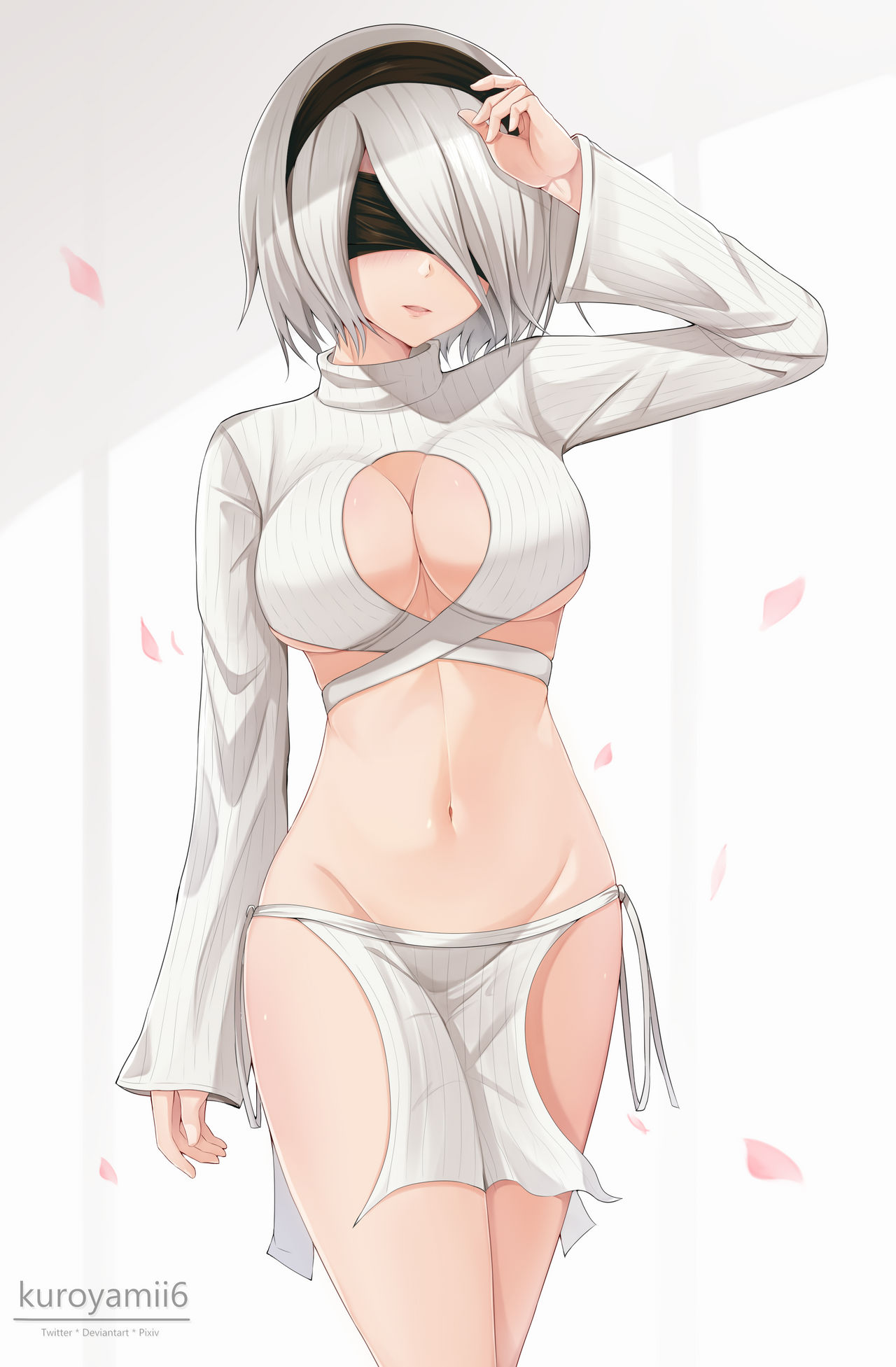 black hairband, breasts, female, hairband, kuroyamii6, light skin, light-skinned female, nier, nier: automata, short hair, thighs, white hair, yorha 2b