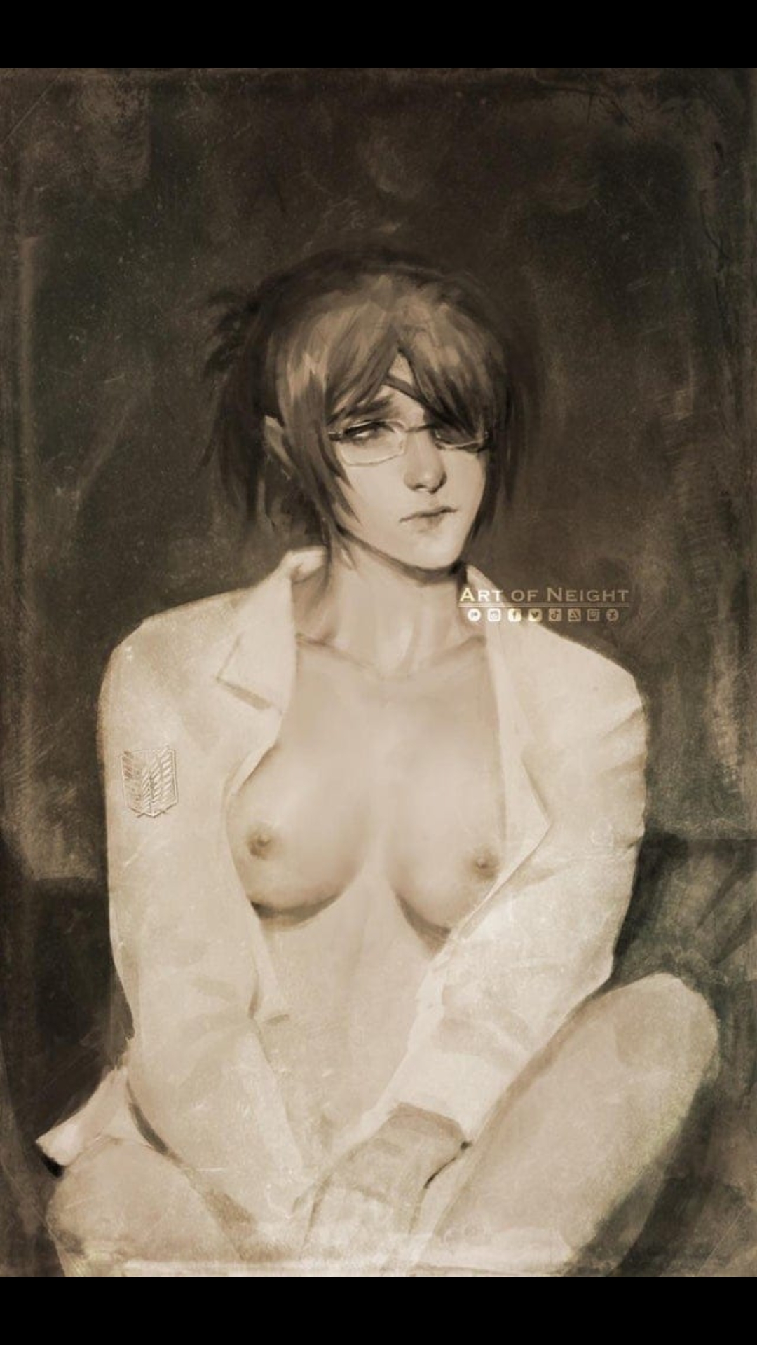 attack on titan, biting lip, breasts, female, female focus, hanji zoe, monochrome, neight, open jacket, shingeki no kyojin