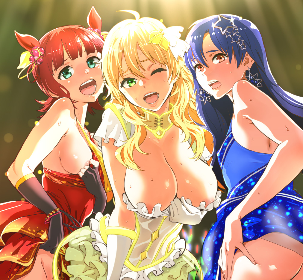 3girls amami_haruka aqua_eyes areola_slip areolae bangs big_breasts black_gloves blonde_hair blue_hair blunt_bangs blush breast_slip breasts brown_eyes cleavage dress earrings erect_nipples erect_nipples_under_clothes female female_only fingerless_gloves flashing gloves green_eyes groin hair_ornament hoshii_miki huge_breasts idolmaster idolmaster_(classic) jewelry kisaragi_chihaya large_breasts light-skinned long_hair looking_at_viewer medium_breasts multiple_girls nekoi_mie nipples nopan one_eye_closed open_mouth red_hair sideboob small_breasts sweat teeth wardrobe_malfunction white_gloves