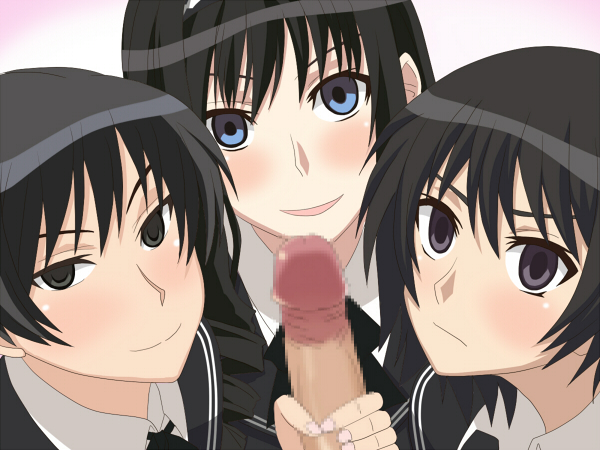 1boy 3girls amagami black_hair blue_eyes blush female_focus grey_eyes long_hair mohenjo morishima_haruka mosaic_censoring nanasaki_ai parted_lips partial_male penis short_hair smile tsukahara_hibiki