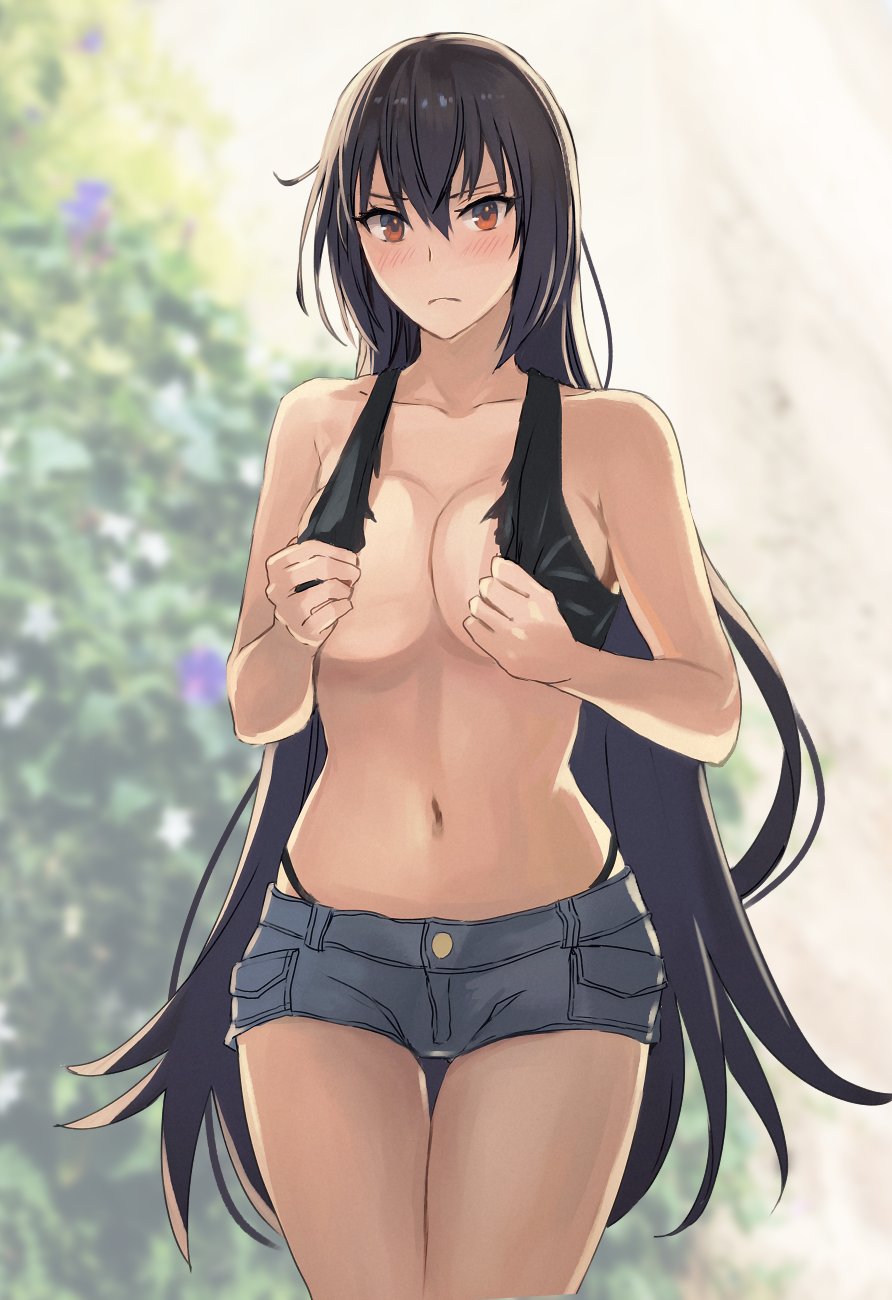 alternate_costume black_hair blue_shorts blush breasts brown_eyes closed_mouth collarbone cowboy_shot denim denim_shorts female hair_between_eyes highres kantai_collection kasumi_(skchkko) large_breasts long_hair nagato_(kantai_collection) navel short_shorts shorts solo topless torn_clothes