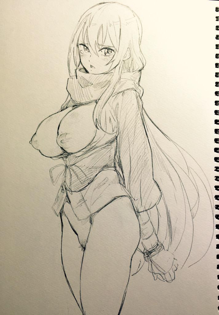 areolae blush bottomless breasts breasts_out_of_clothes dragon_yukano female large_breasts long_hair looking_at_viewer monochrome nekoi_mie ninja_slayer nipples open_mouth pencil_(artwork) pubic_hair puffy_areolae restrained scarf sketch solo standing tears traditional_media traditional_media_(artwork) very_long_hair