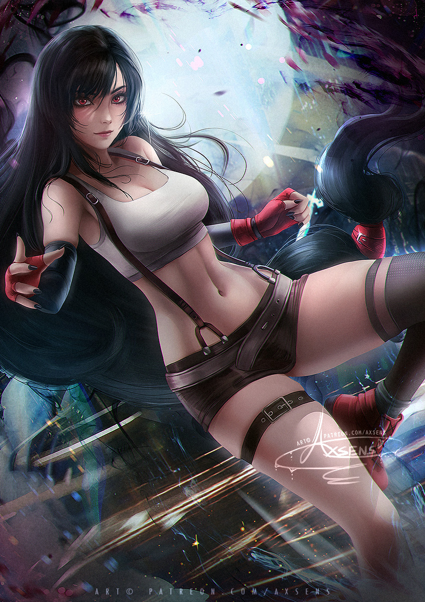 1girls, 2d, abs, axsens, breasts, cleavage, female, female only, final fantasy, final fantasy vii, final fantasy vii remake, large breasts, light skin, light-skinned female, red eyes, square enix, tifa lockhart