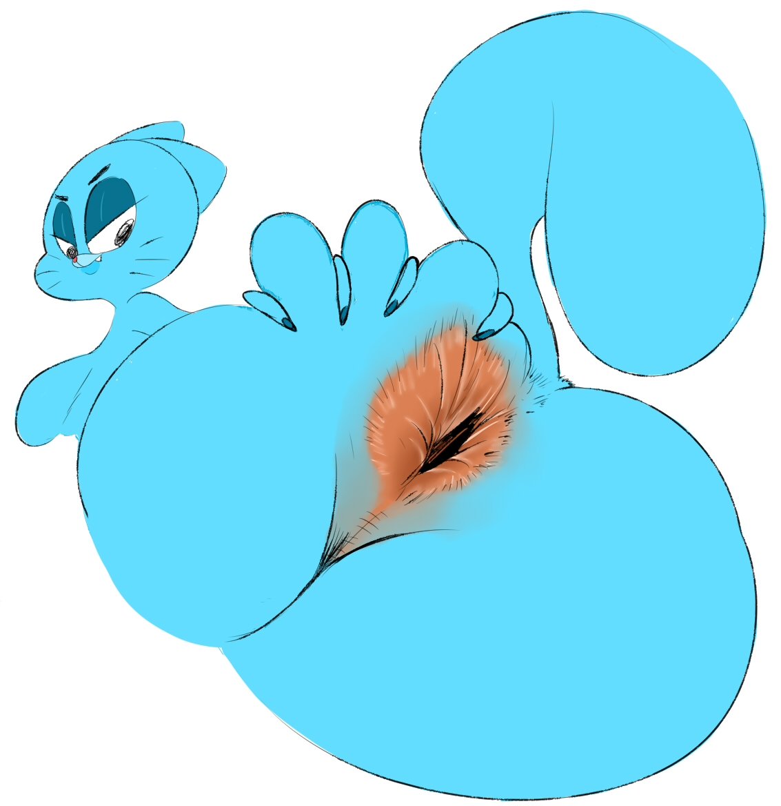 anthro anus ass big_butt black_eyes blue_body breasts butt_grab butt_squish cartoon_network domestic_cat felid feline felis female half-closed_eyes hand_on_butt looking_back mammal narrowed_eyes neom-daddy nicole_watterson nude smile solo squish the_amazing_world_of_gumball whiskers