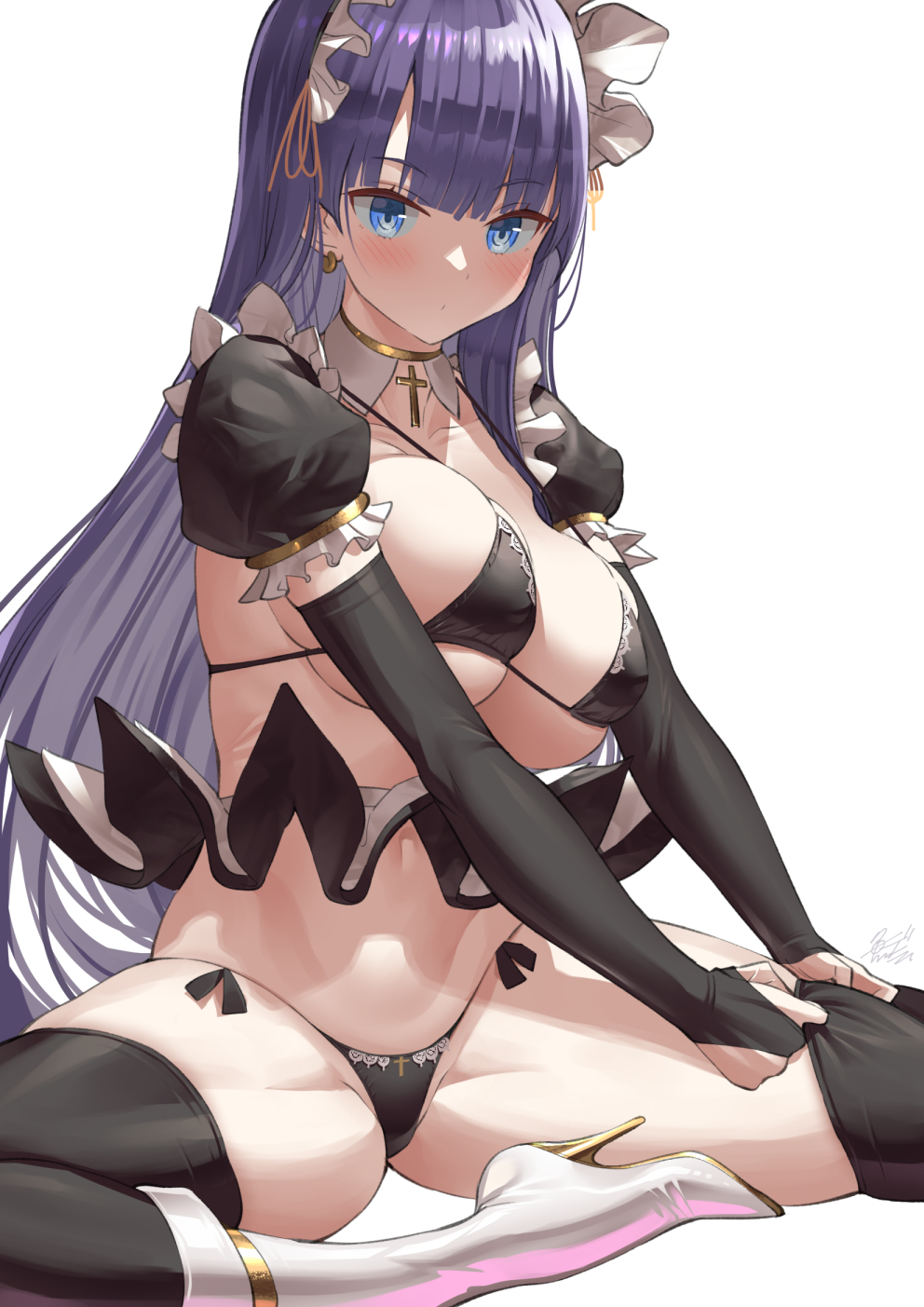 1girls, 2022, black panties, blue eyes, blush, breasts, cleavage, fate (series), fate/grand order, female, female only, heels, hips, huge breasts, long hair, looking at viewer, maid, maid bikini, maid headdress, maid outfit, panties, purple hair, saint martha, slim waist, thick thighs, thighhighs, thighs, uo denim, wide hips