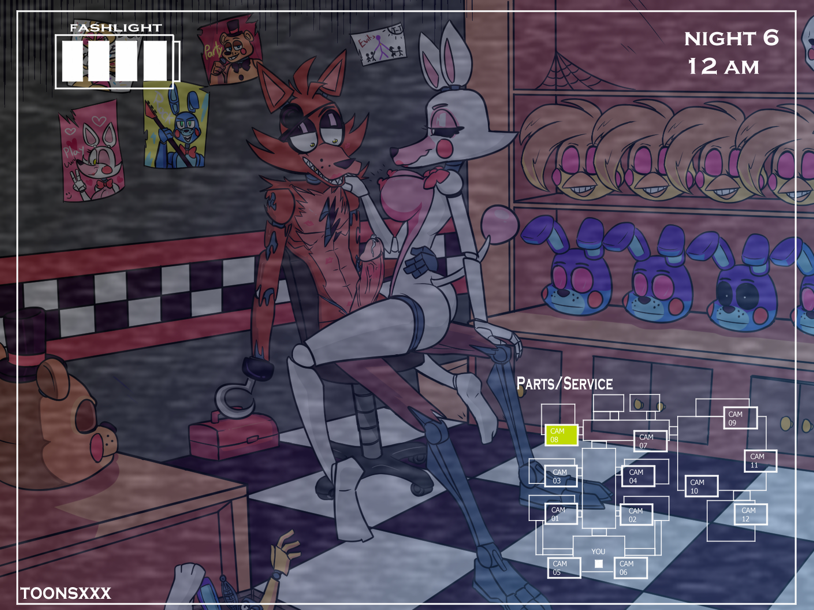 1boy, 1girls, 2022, animatronic, artist name, ass, bedroom eyes, black sclera, breasts, camera view, dick, eltoonsz, english text, eye patch, fangle, fangle (fnaf), female, five nights at freddy's, five nights at freddy's 2, fox, fox girl, foxy (fnaf), foxyxmangle, hand on shoulder, hook, kiss mark, long penis, male, male/female, mangle (fnaf), night, penis, pink body, pink breasts, precum, red body, red nipples, robot, robot humanoid, scottgames, smile, straight, toonsxxx, white body, white eyes, yellow eyes