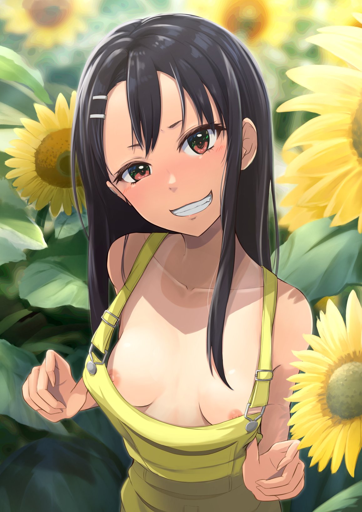 1girls areolae black_hair blush breasts brown_eyes clothed clothing female_focus female_only hayase_nagatoro hi_res k3rd long_hair looking_at_viewer nature nipples please_don't_bully_me,_nagatoro public revealing_clothes small_breasts smile smiling solo_focus tan tan_body tanline tanned