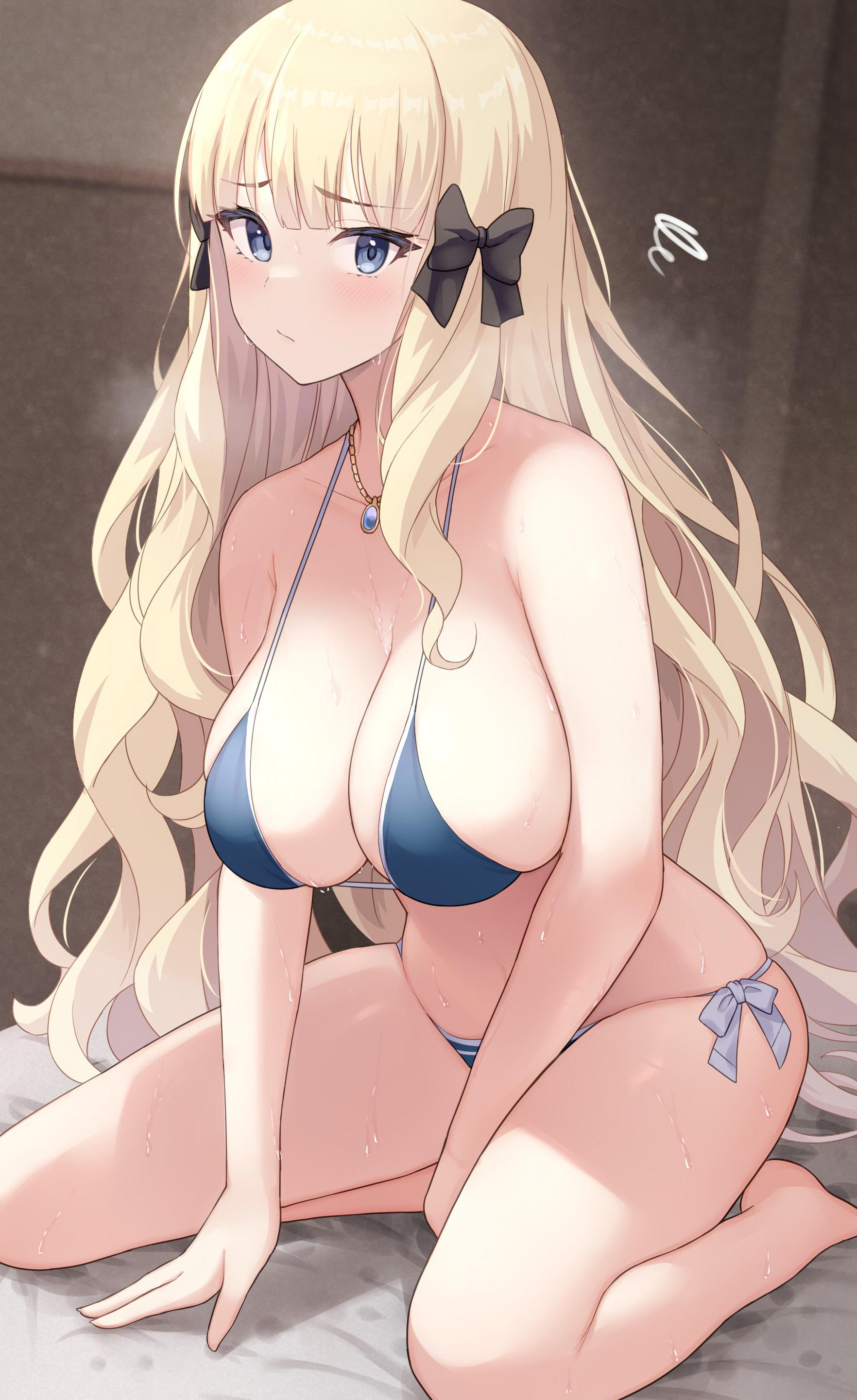 big breasts, bikini, blonde hair, blue eyes, blush, bow, breasts, female, female only, hair ornament, hair ribbon, kneeling, long hair, necklace, princess connect! re:dive, saren (princess connect!), sixteenpo, solo female
