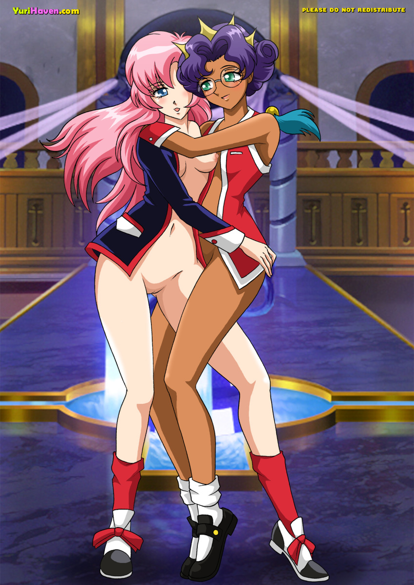 2girls anthy_himemiya breasts dark-skinned_female dark_skin female human large_breasts lesbian light-skinned_female light_skin long_hair multiple_girls nipples palcomix pink_hair purple_hair pussy revolutionary_girl_utena short_hair utena_tenjou wide_hips yuri