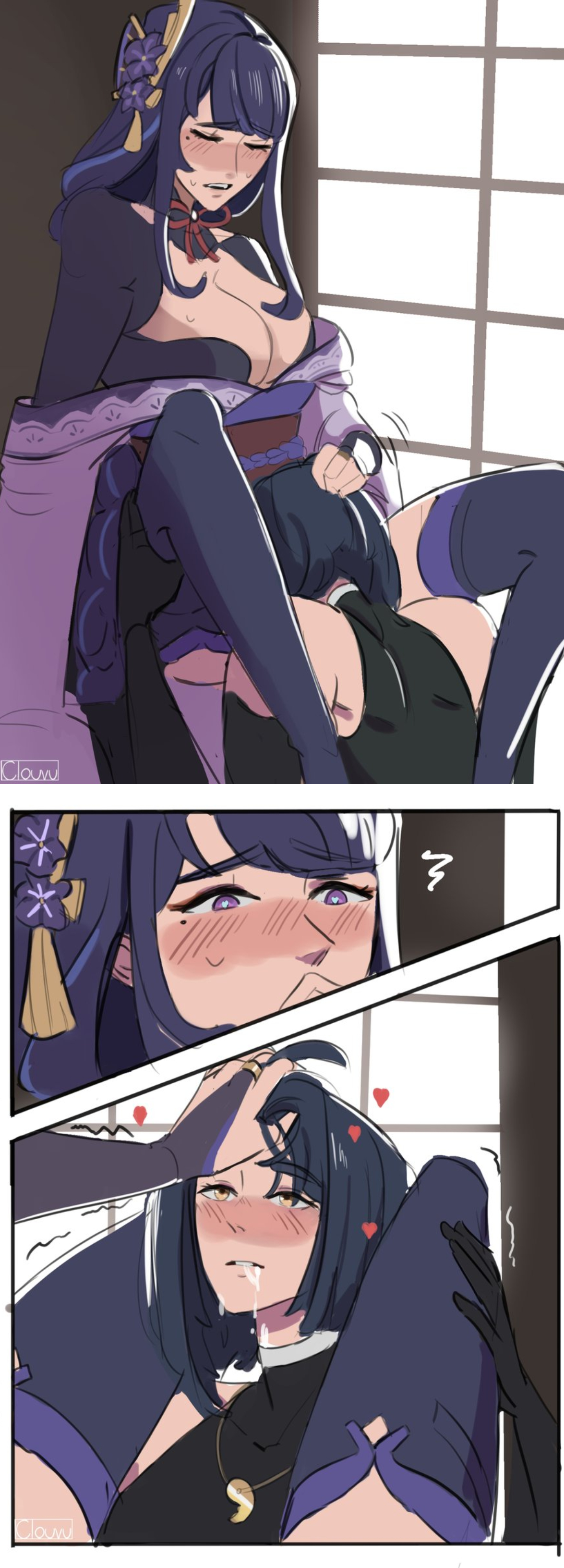 2girls, blush, breasts, cleavage, closed eyes, clouvu, comic, cunnilingus, eating pussy, female, female only, genshin impact, hair pull, heart, heart-shaped pupils, kimono, kujou sara, large breasts, mole, mole under eye, oral, pussy, raiden shogun, saliva, spread legs, textless, thighhighs, yuri