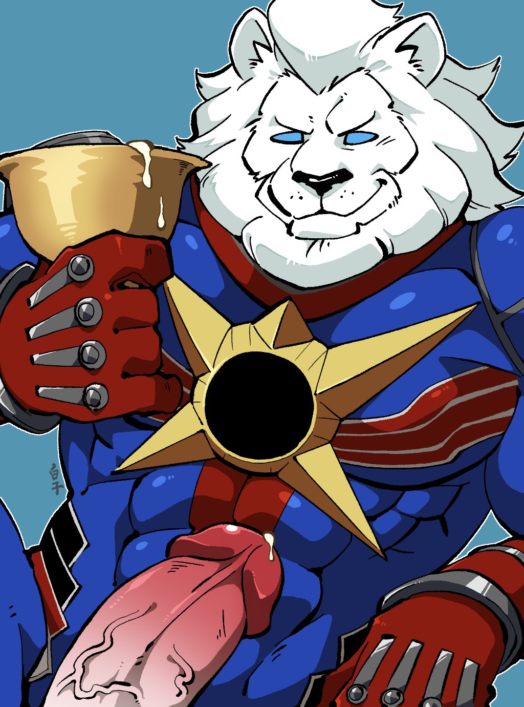 1boy 1monster 41raco bara beard bodysuit cowboy_shot cum erection facial_hair fate/grand_order fate_(series) furry furry_male gloves highres holy_grail_(fate) kirupi large_pectorals large_penis lion lion_boy looking_at_viewer male_focus male_only mature_male muscular muscular_male pectorals penis precum short_hair simple_background skin_tight smile solo thomas_edison_(fate) tight uncensored white_hair