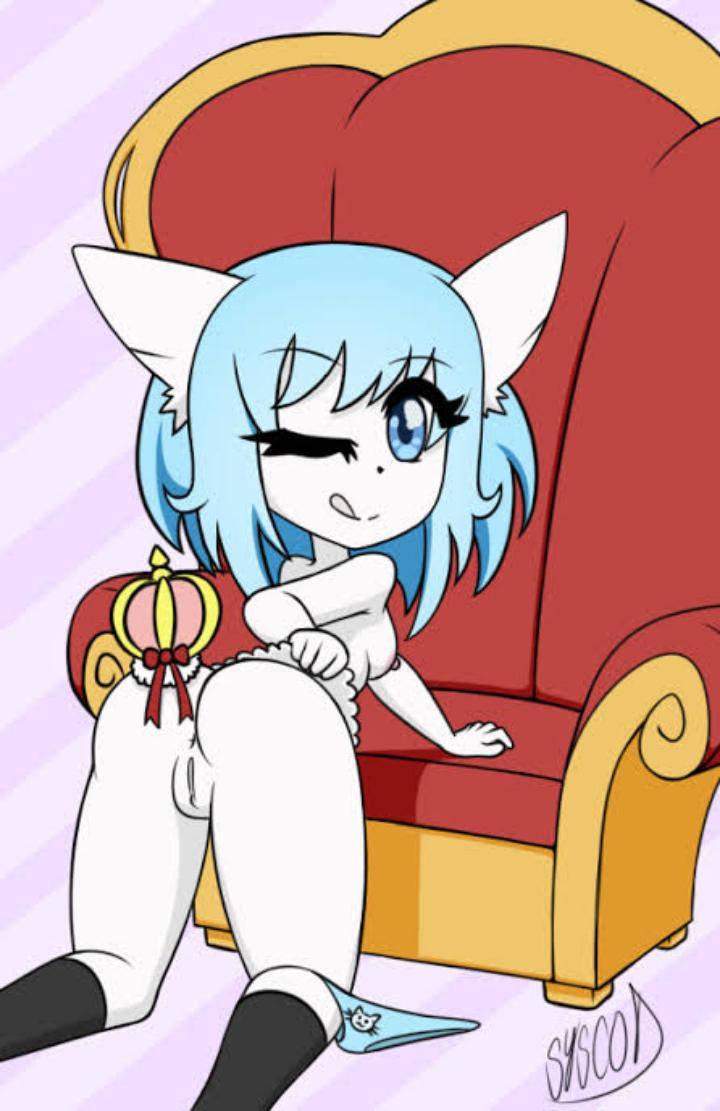 animal_ears animation_meme_community ass black_socks blue_eyes blue_hair blue_panties breasts crown female pussy throne tongue_out virtual_youtuber white_fur winking wolfychu youtube youtuber_girl