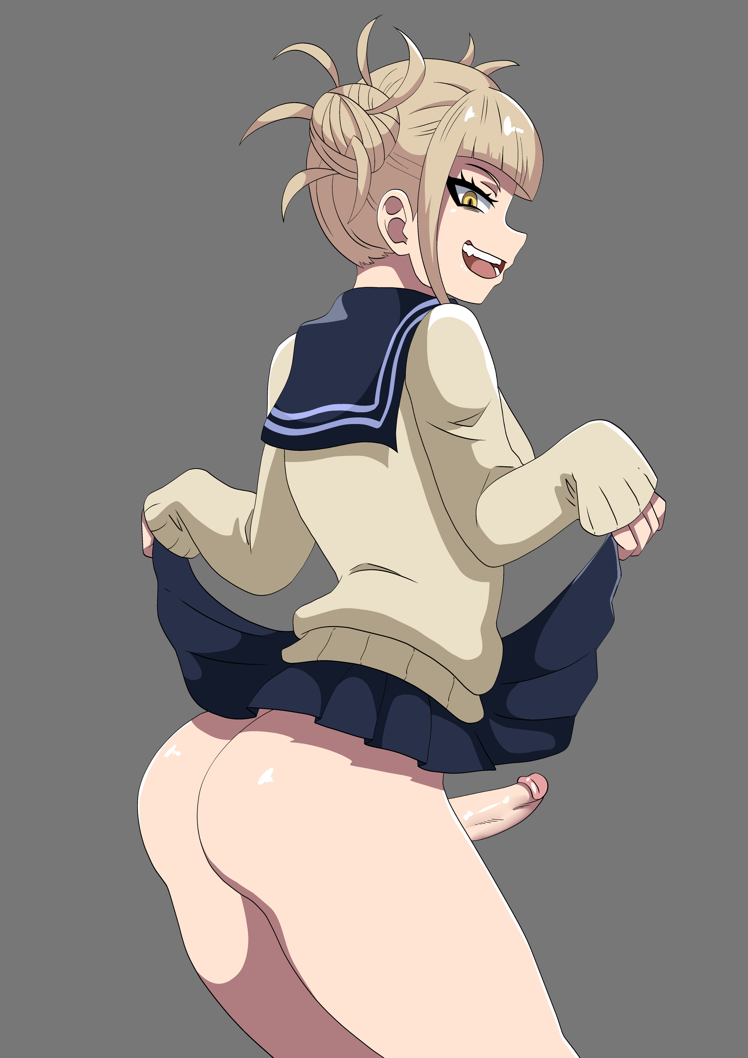 1futa, ass, blonde hair, bottomless, breasts, clothed, clothing, double bun, eye contact, full-package futa, futa only, futanari, grey background, himiko toga, human, intersex, light skin, light-skinned futa, looking at viewer, looking back, loquillo, mostly clothed, my hero academia, penis, skirt, skirt lift, solo, standing, thick thighs, thighs, yellow eyes