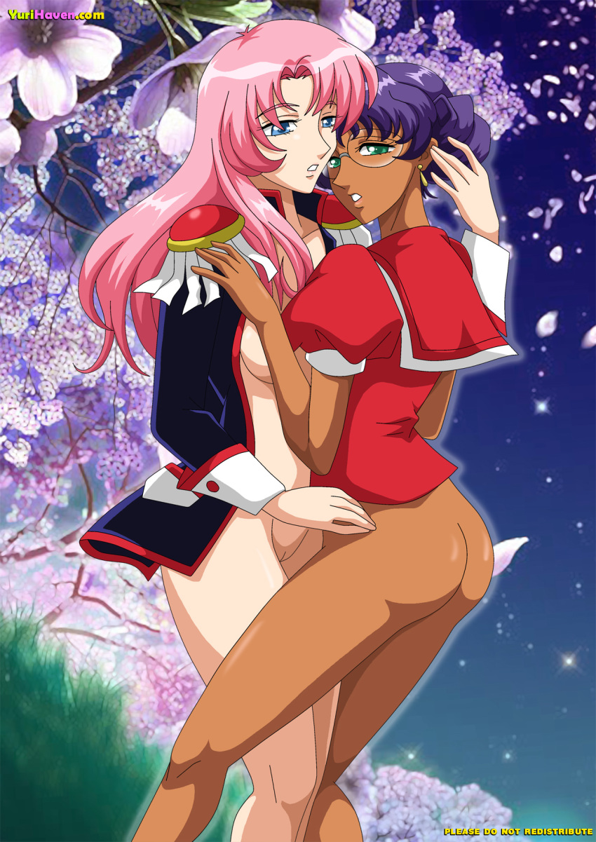 2girls anthy_himemiya ass big_ass breasts curvy dark-skinned_female dark_skin duo female glasses hugging human large_breasts lesbian light-skinned_female light_skin long_hair multiple_girls palcomix pink_hair purple_hair pussy revolutionary_girl_utena school_uniform short_hair thick_thighs utena_tenjou wide_hips yuri