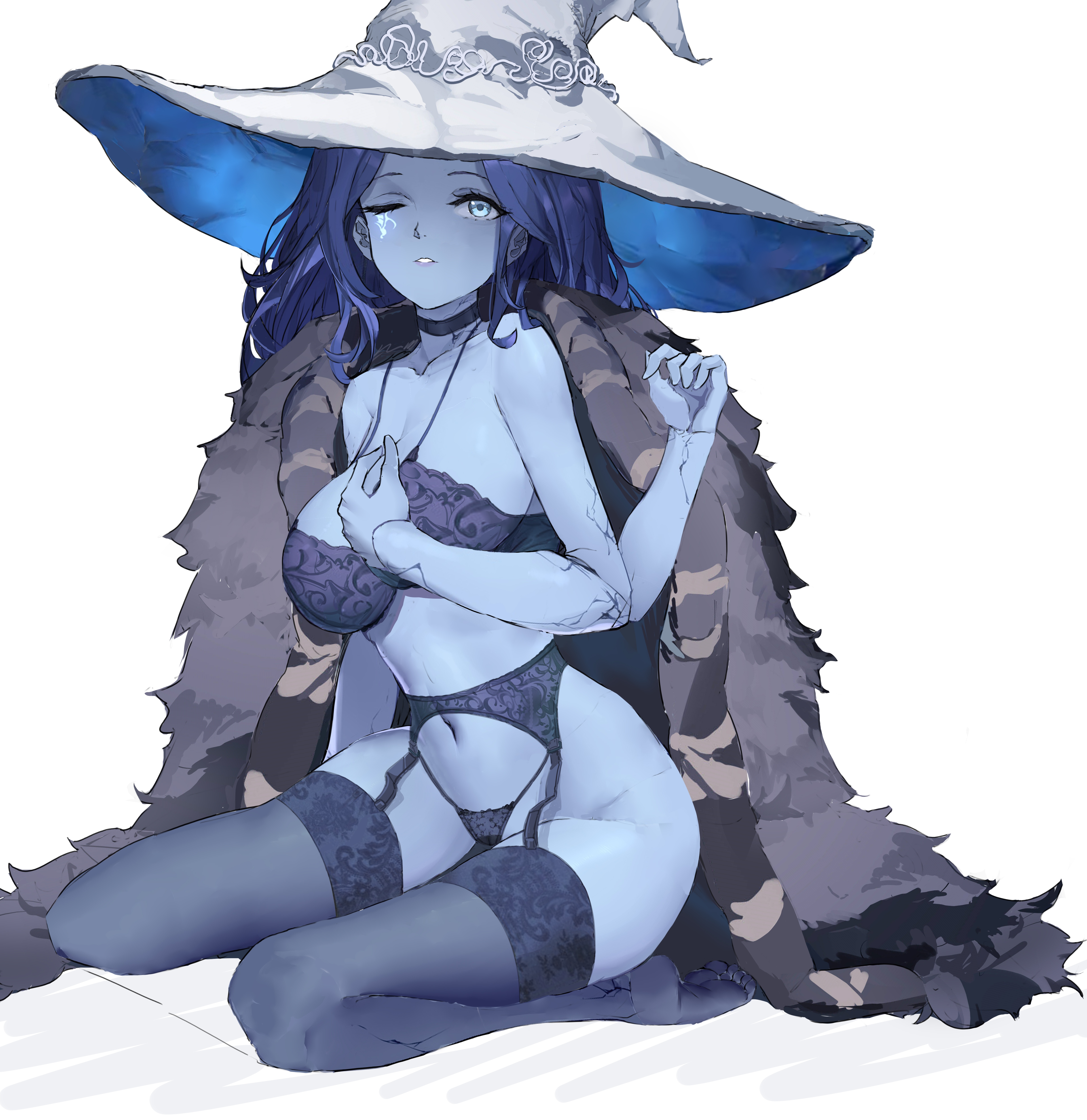 1girls, 2022, 2d, 4 arms, big hat, blue bra, blue choker, blue garter belt, blue garter straps, blue hair, blue lingerie, blue skin, blue stockings, blue string panties, blue-skinned female, bra, breasts, choker, cleavage, cracked skin, cyan eyes, doll joints, elden ring, feet, female, female only, fromsoftware, fur cape, garter belt, garter straps, kneeling, lingerie, long blue hair, long hair, multi arm, multi limb, one eye closed, ranni the witch, slow fish, solo, stockings, string panties, tattoo under eye, underwear, witch hat