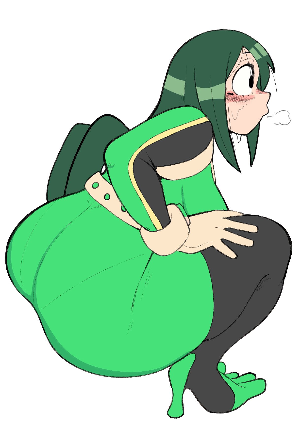 1girls, ass, ass crack, big ass, blush, bodysuit, bubble ass, bubble butt, butt crack, clothed, clothing, dumpiwumpi (artist), female, green hair, hero outfit (mha), huge ass, long hair, my hero academia, pantylines, solo, squatting, sweat, thick thighs, tsuyu asui